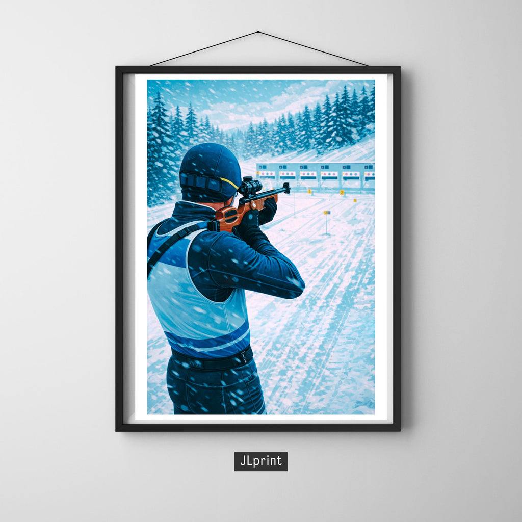 Affiche sport - Biathlon, Ski de Fond, Tir a la Carabine, Hiver - art moderne, impression, poster