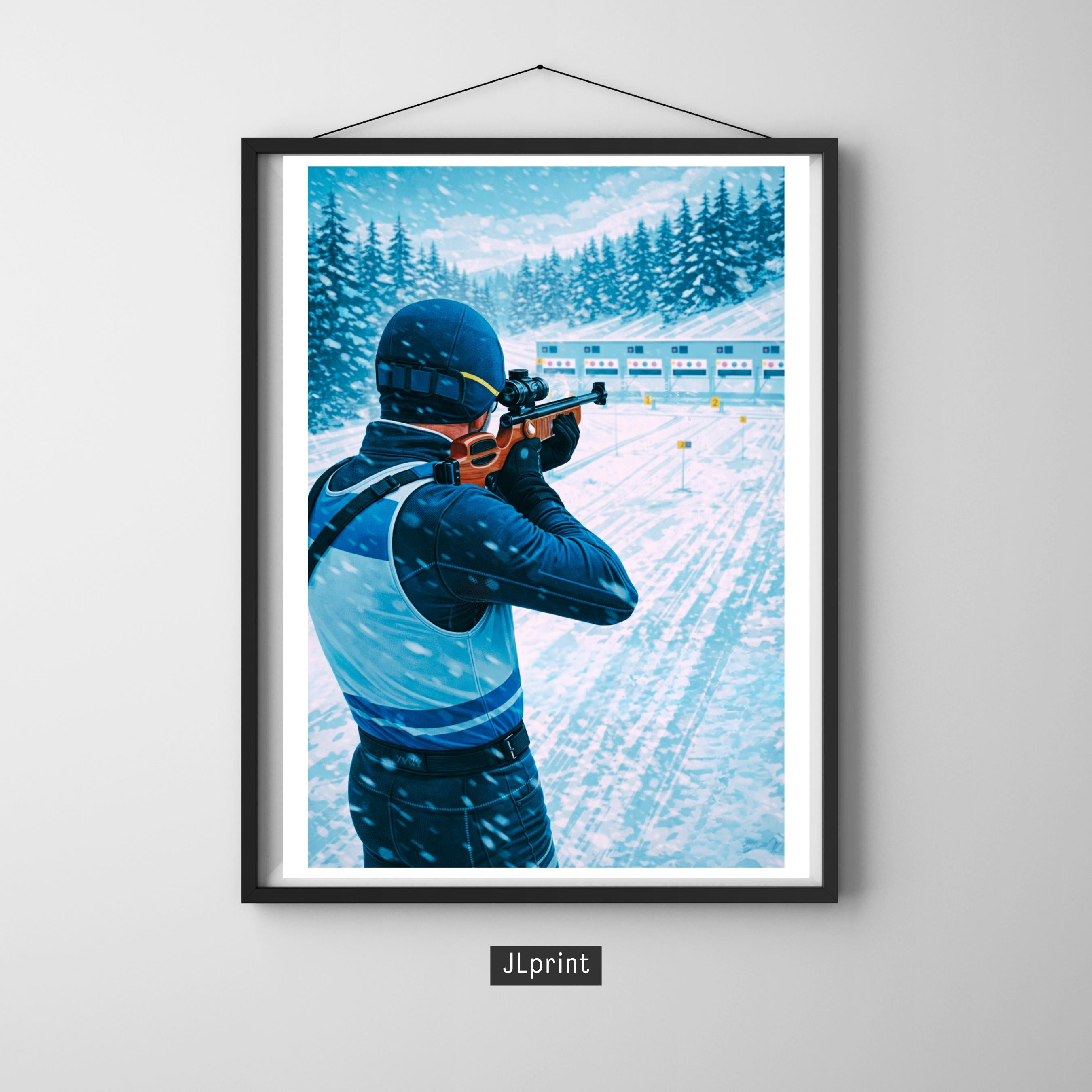 Affiche sport - Biathlon, Ski de Fond, Tir a la Carabine, Hiver - art moderne, impression, poster