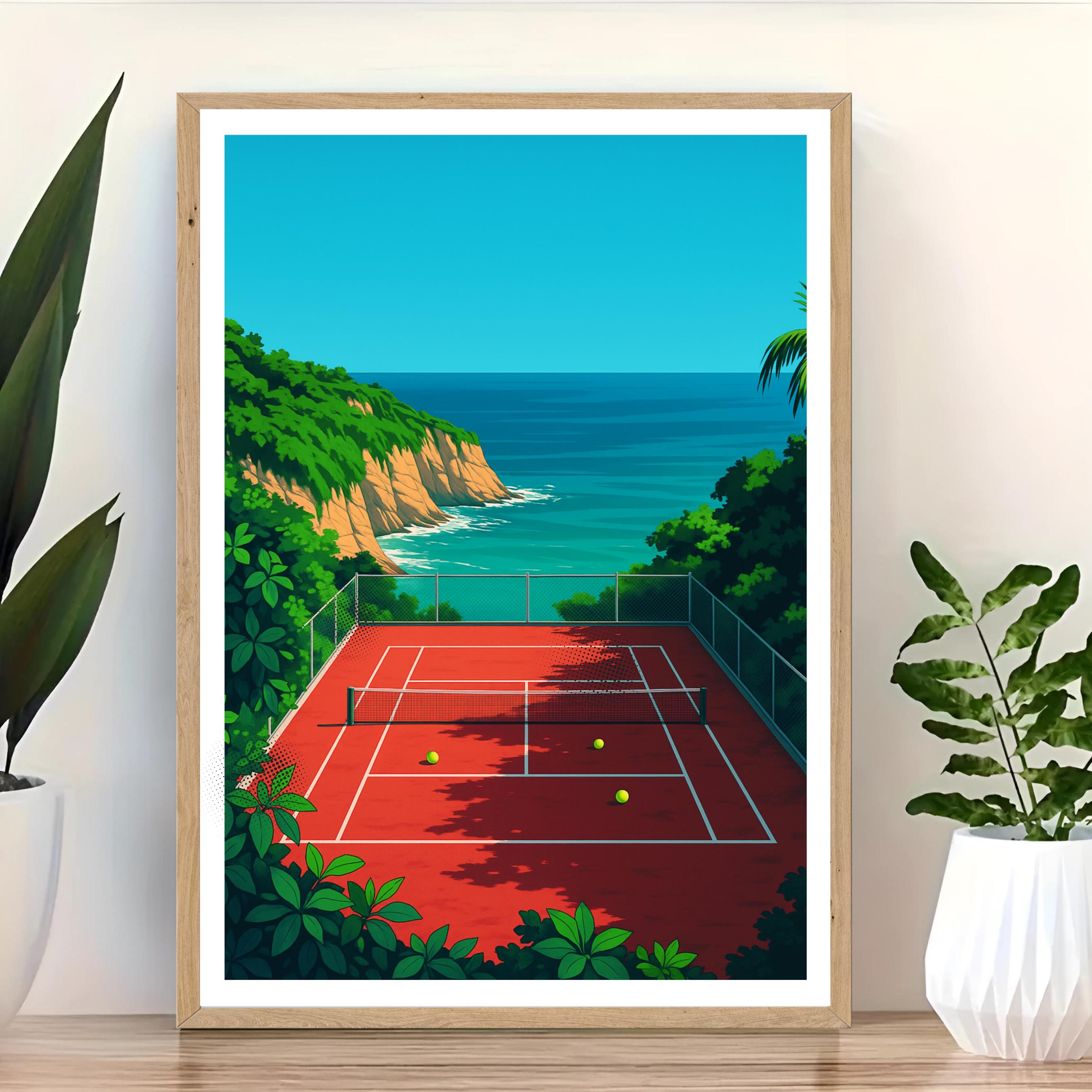 Affiche sport - Tennis, Terrain, Océan, Paysage - art moderne, impression, poster