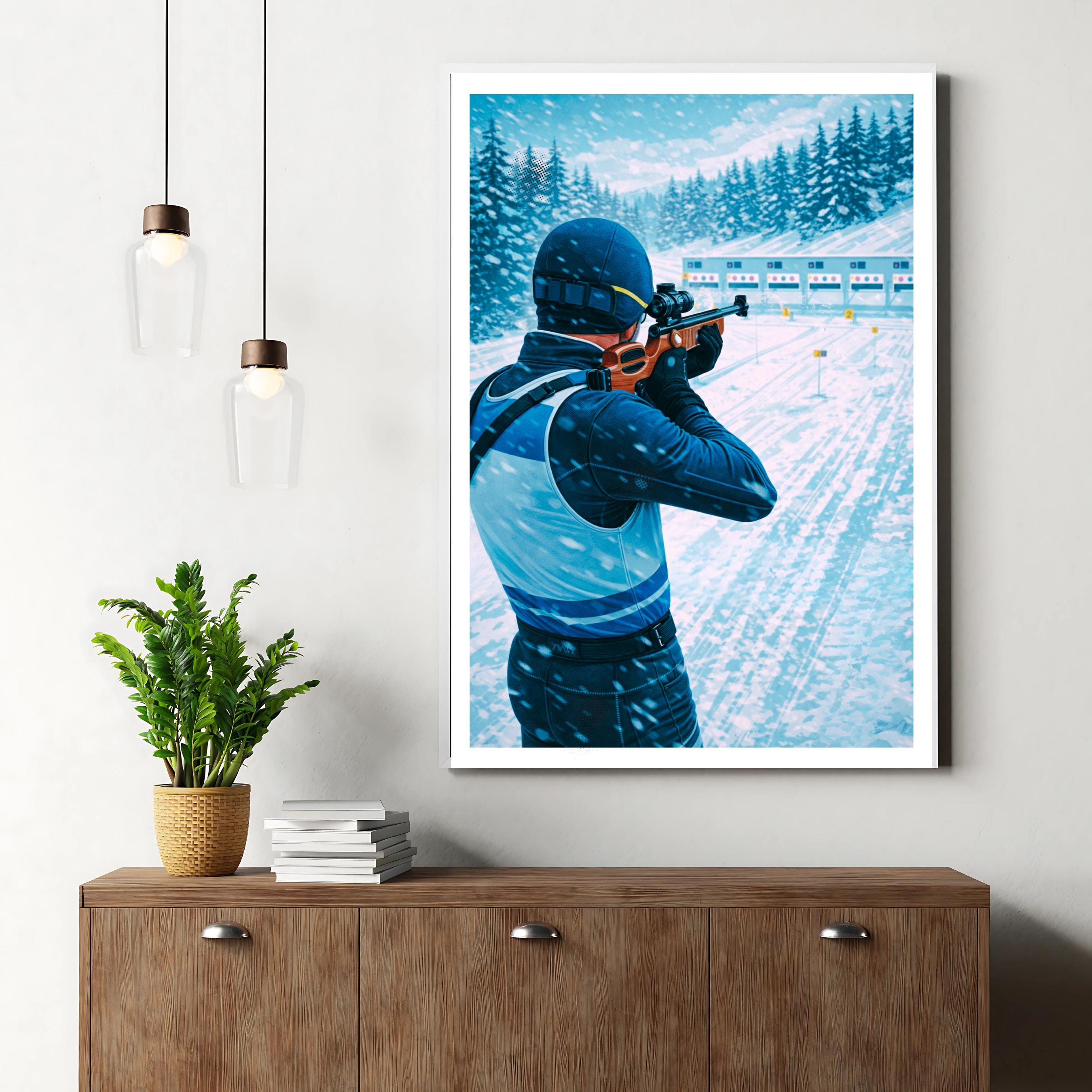 Affiche sport - Biathlon, Ski de Fond, Tir a la Carabine, Hiver - art moderne, impression, poster