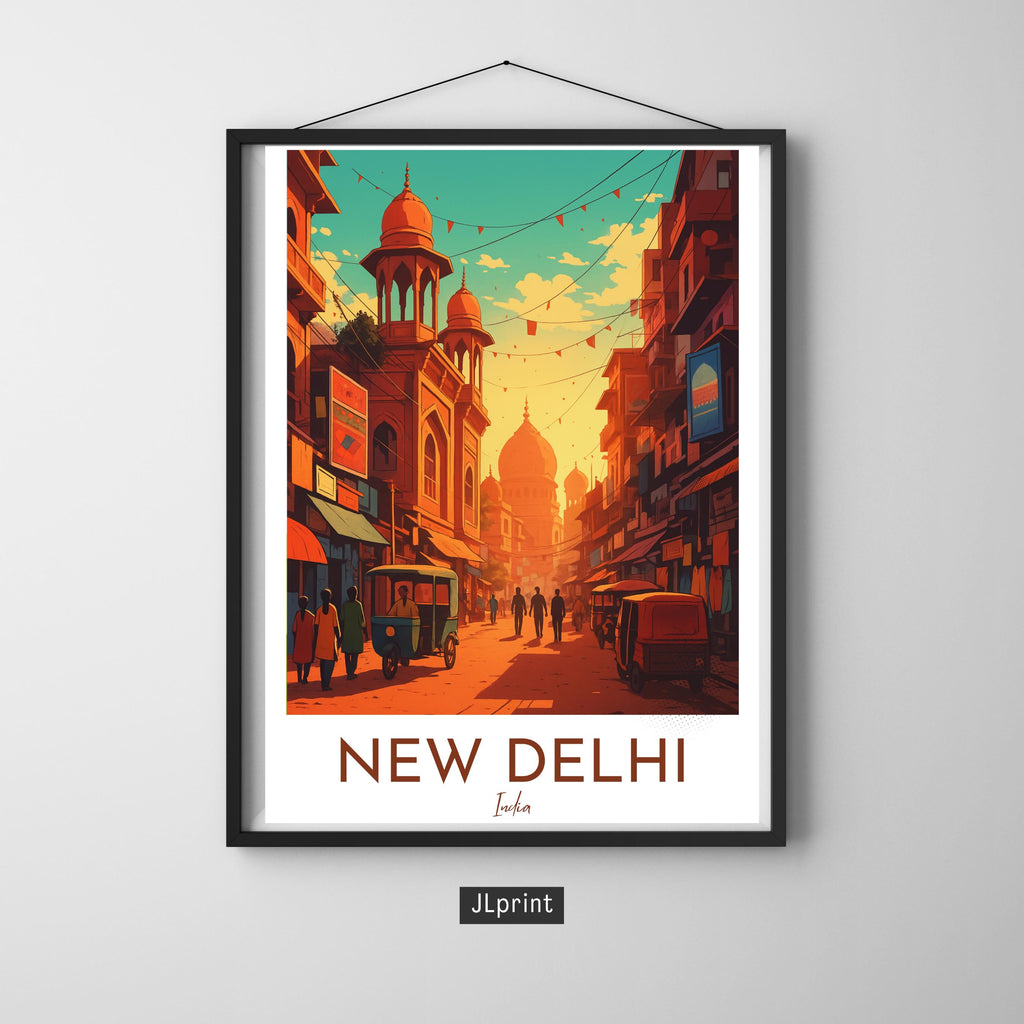 Affiche voyage - New Delhi, Inde, Asie, Rue Animée - art moderne, impression, poster