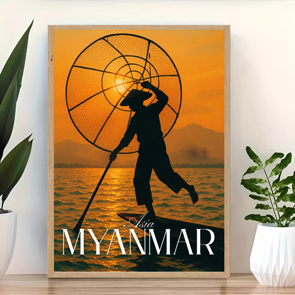 Affiche voyage - Myanmar, Birmanie, Asie, Pêcheur - art moderne, impression, poster