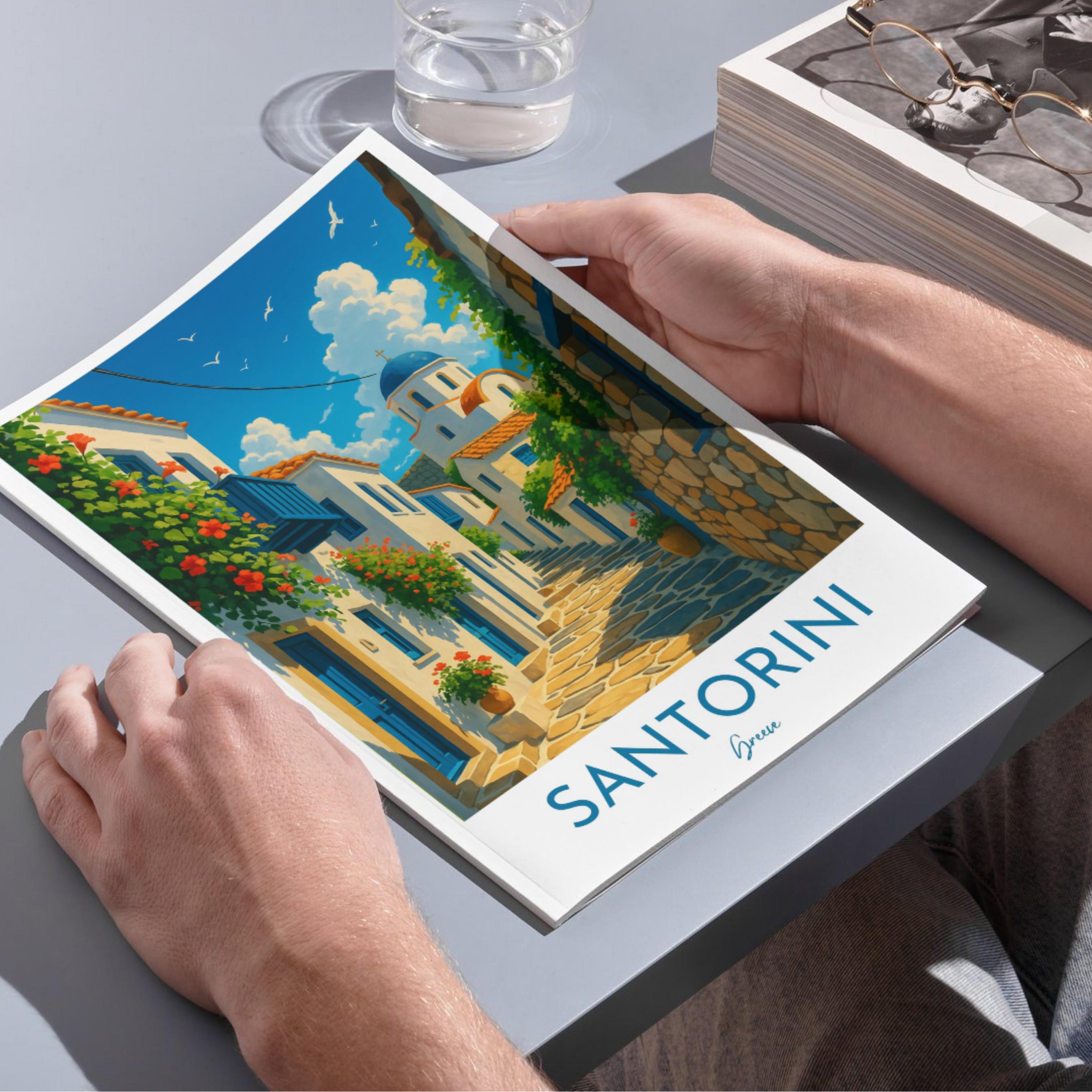 Affiche voyage - Santorin, Cyclades, Méditerranee, Grèce - art moderne, impression, poster