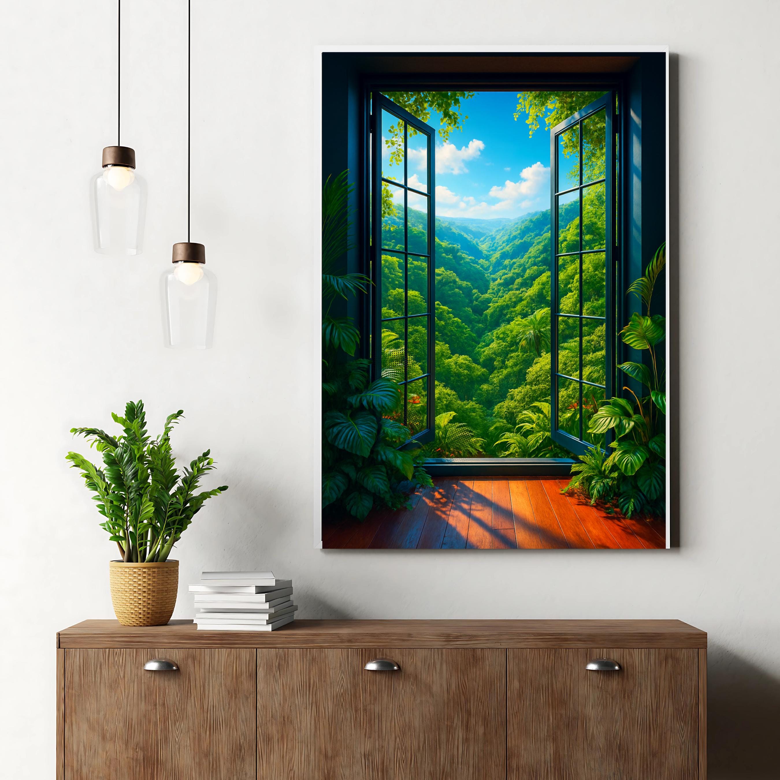 Affiche nature -  Fenêtre, Paysage, Jungle, Plantes - art moderne, impression, poster