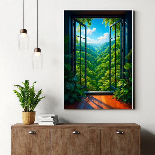 Affiche nature -  Fenêtre, Paysage, Jungle, Plantes - art moderne, impression, poster