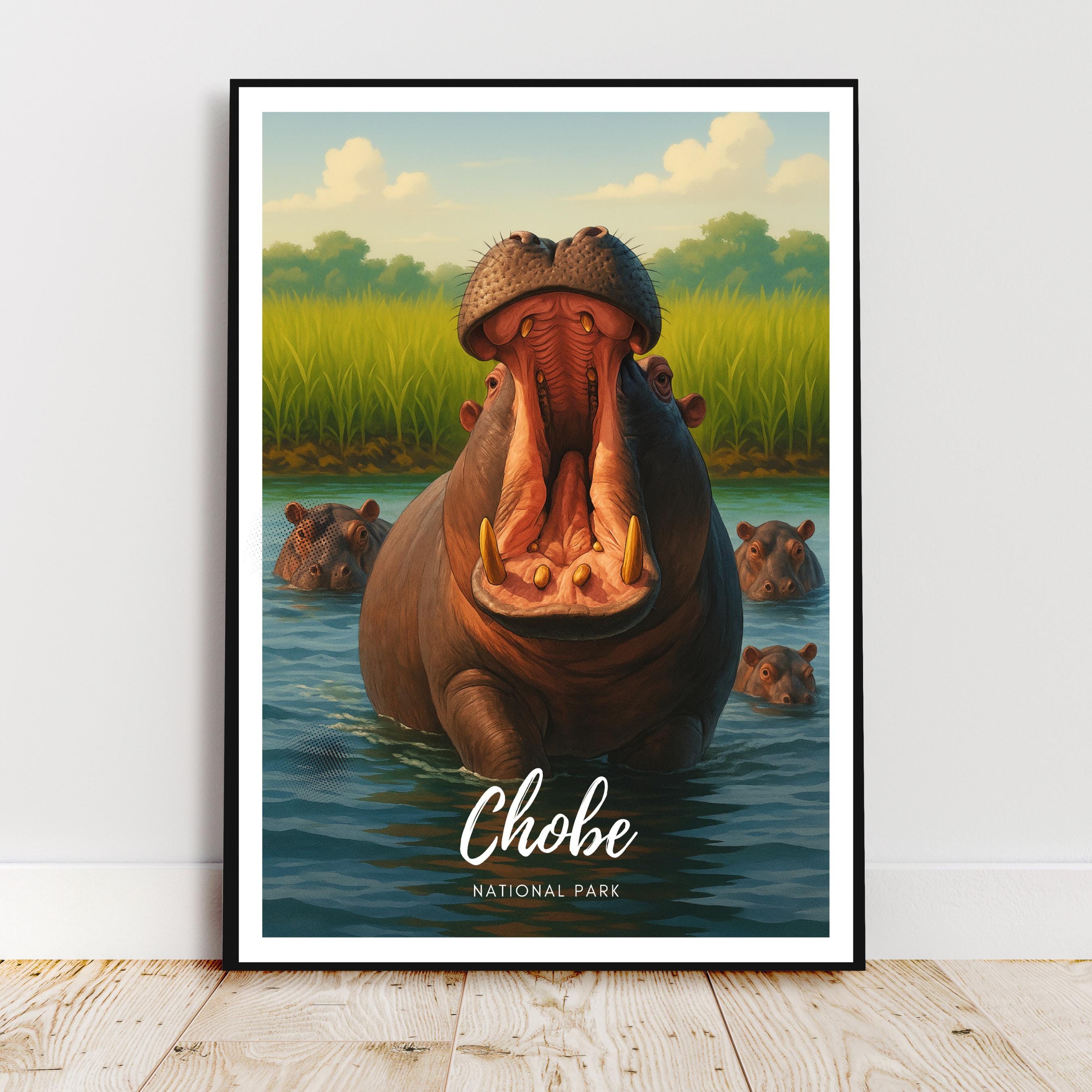 Affiche voyage - Chobe, Parc National, Botswana, Hippopotames - art moderne, impression, poster