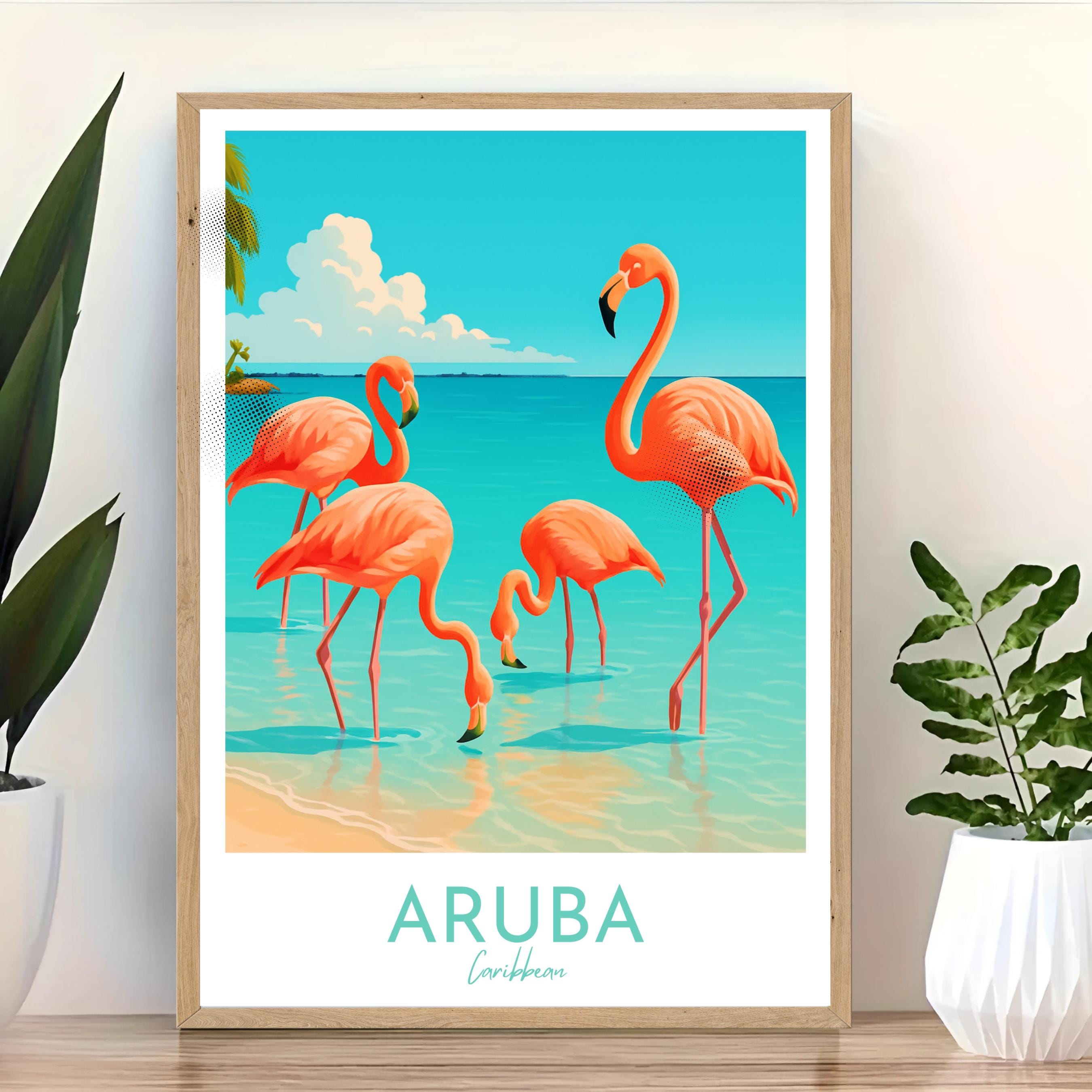 Affiche voyage - Aruba, Antilles, Caraïbes, Flamants Roses - art moderne, impression, poster