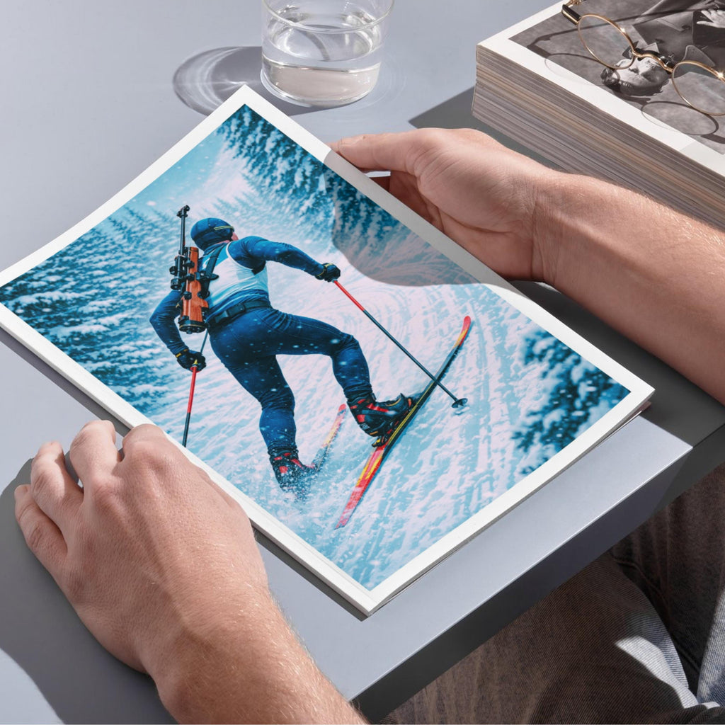 Affiche sport - Biathlon, Ski de Fond, Tir a la Carabine, Hiver - art moderne, impression, poster