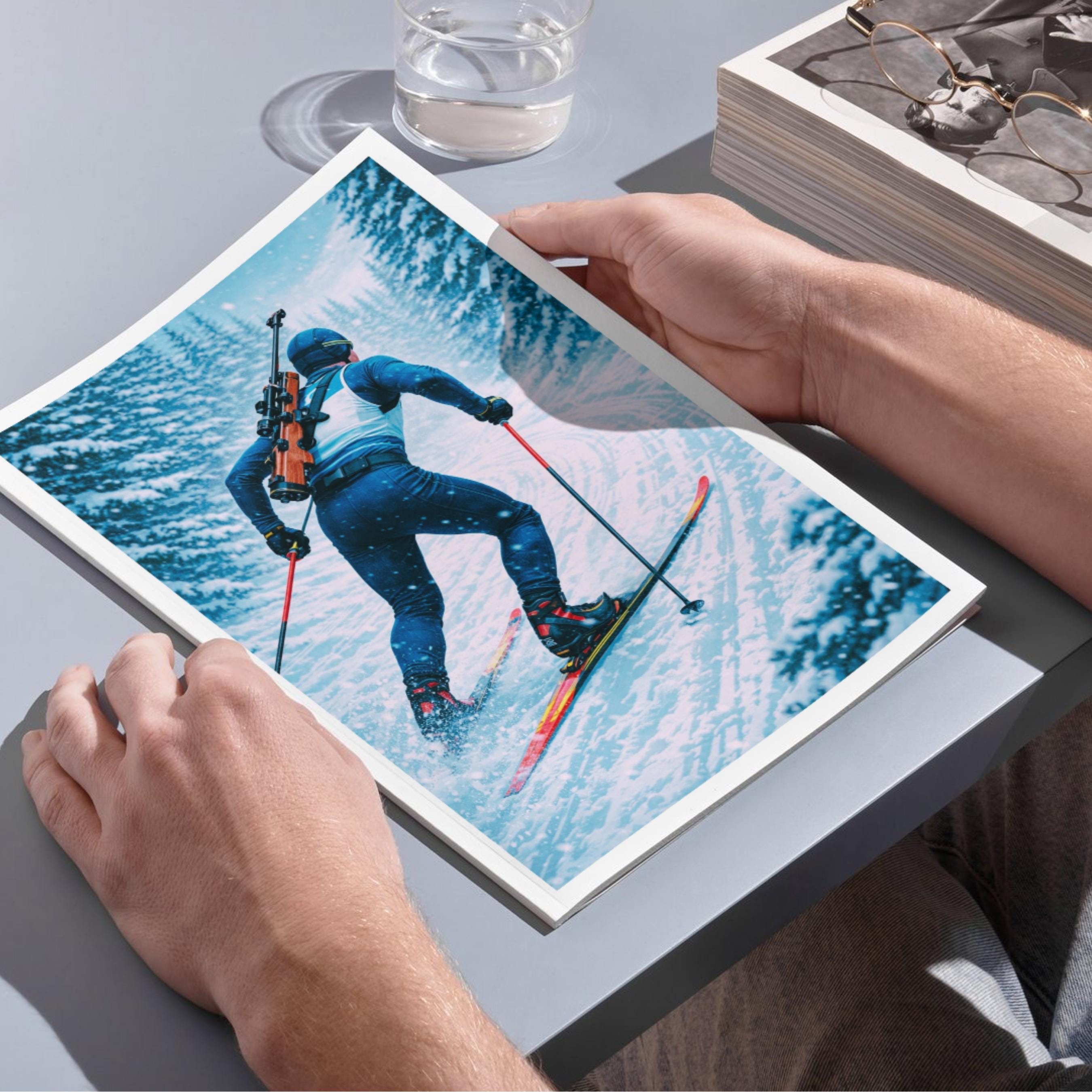 Affiche sport - Biathlon, Ski de Fond, Tir a la Carabine, Hiver - art moderne, impression, poster