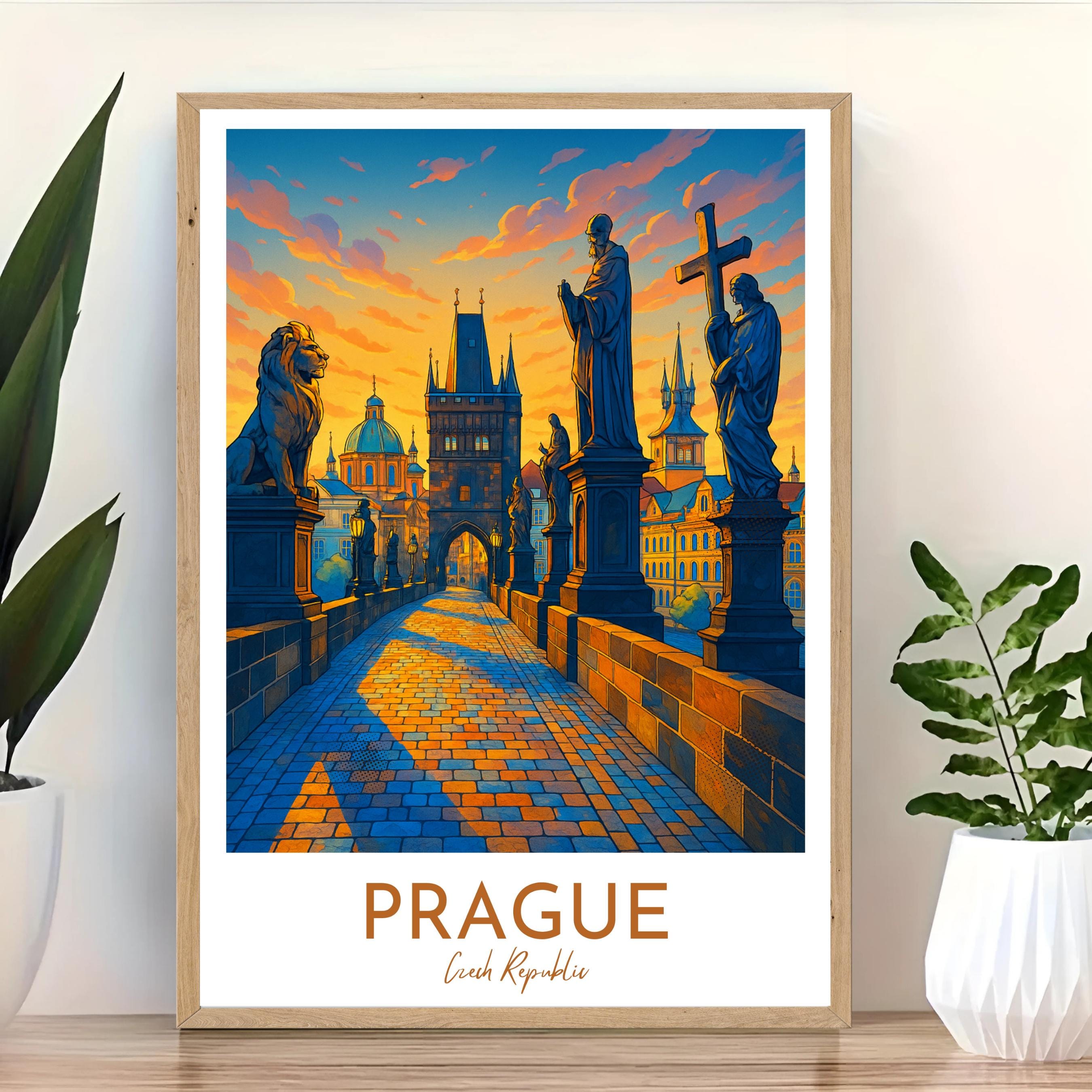 Affiche voyage - Prague, République Tchèque, Tchéquie, Pont Charles - art moderne, impression, poster