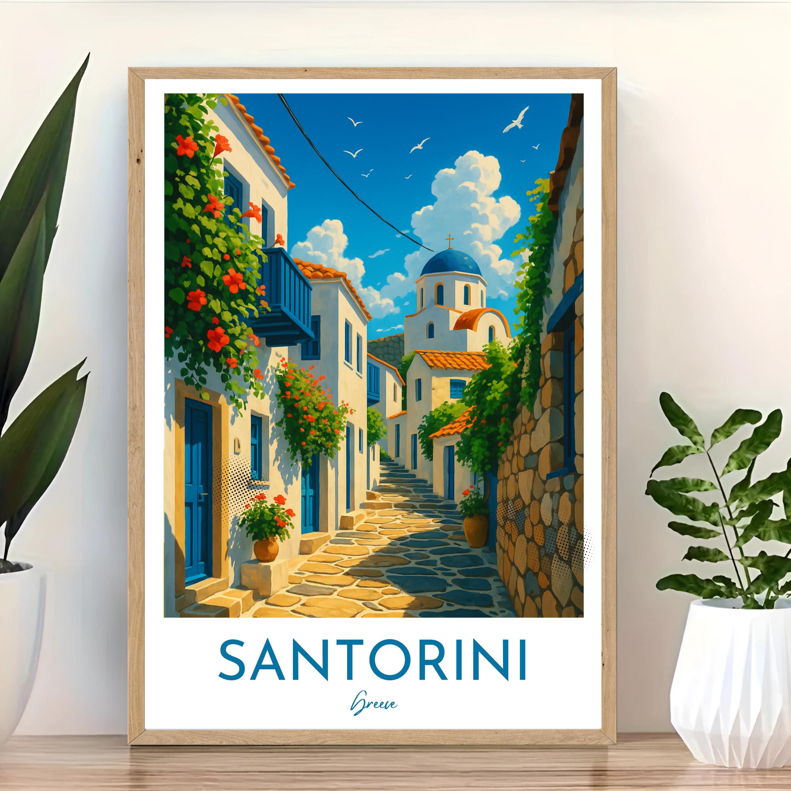 Affiche voyage - Santorin, Cyclades, Méditerranee, Grèce - art moderne, impression, poster