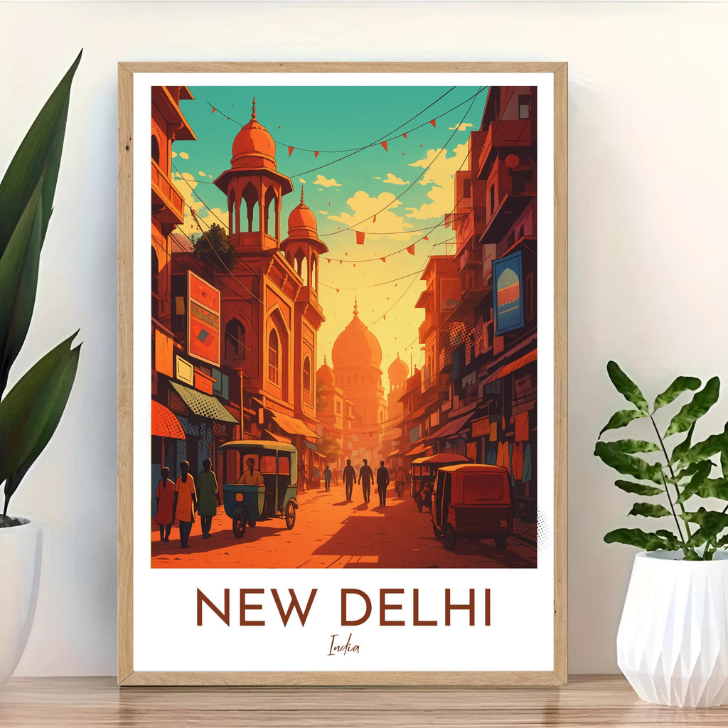 Affiche voyage - New Delhi, Inde, Asie, Rue Animée - art moderne, impression, poster