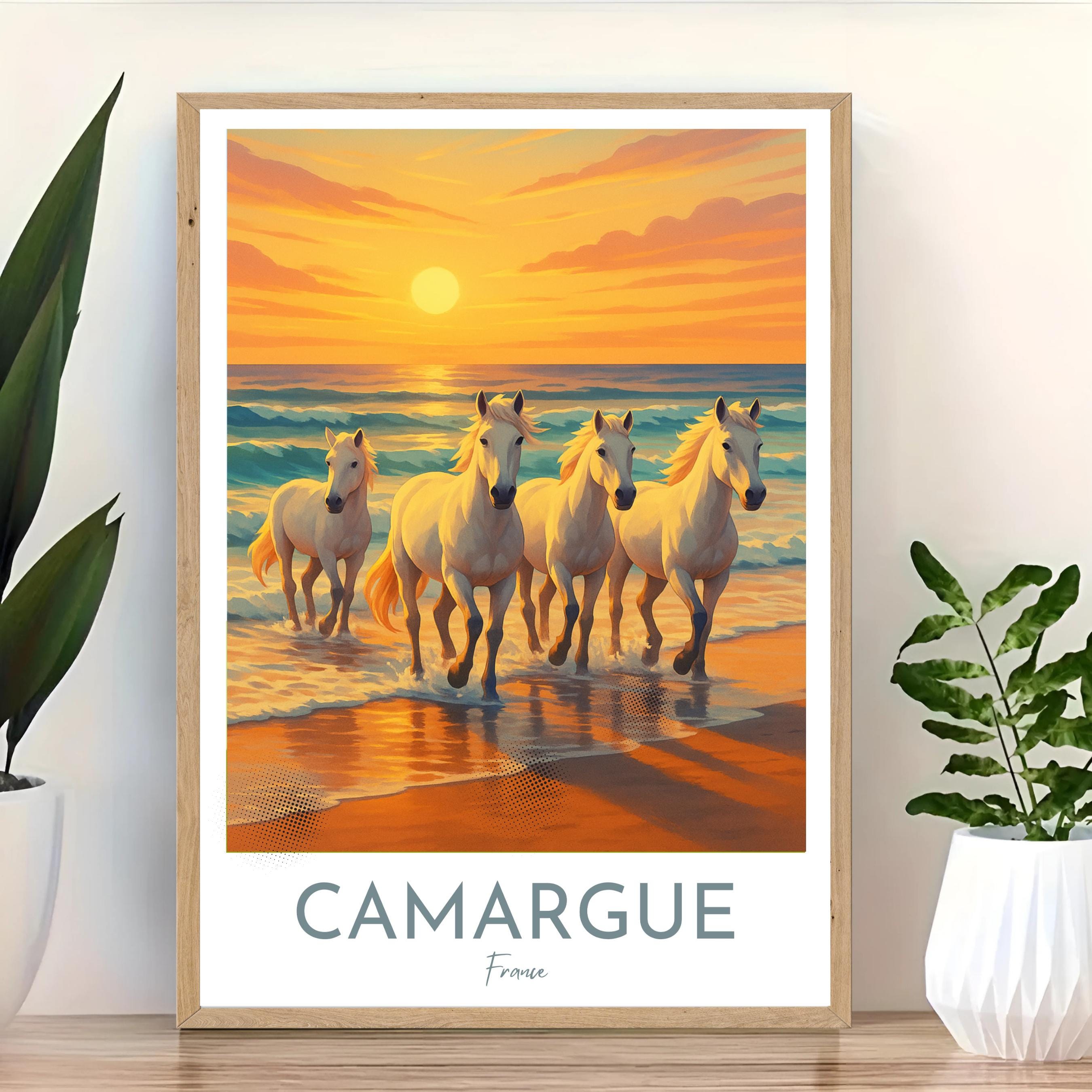 Affiche voyage - Camargue, France, Chevaux, Parc Naturel - art moderne, impression, poster