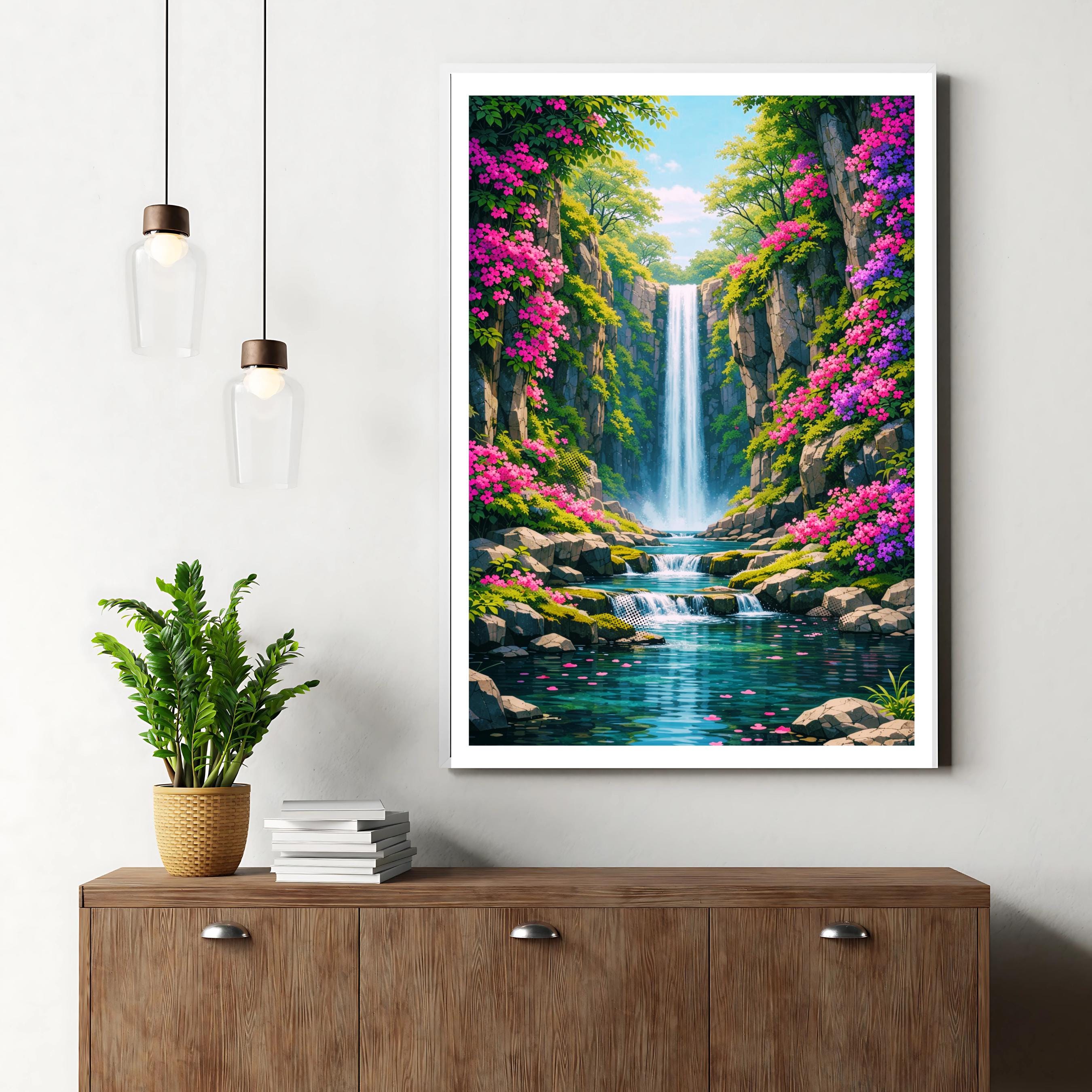 Affiche nature - Cascade, Paysage, Fleurs, Evasion - art moderne, impression, poster