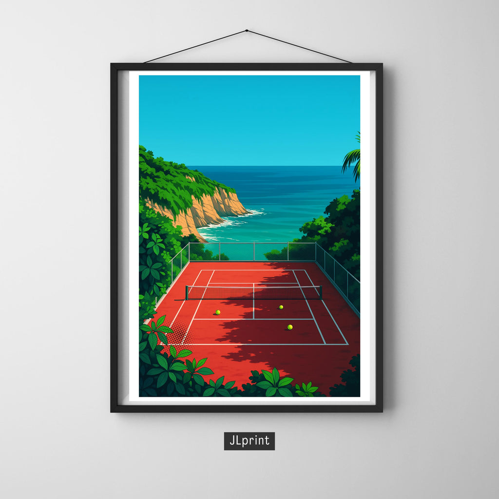 Affiche sport - Tennis, Terrain, Océan, Paysage - art moderne, impression, poster