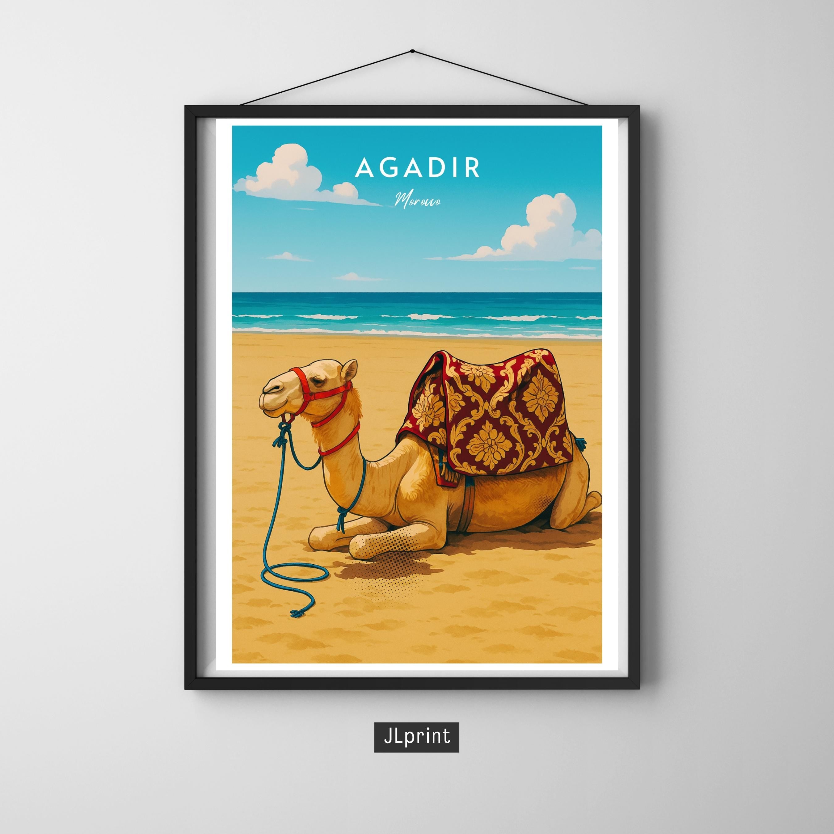 Affiche voyage - Agadir, Maroc, Maghreb, Dromadaire - art moderne, impression, poster