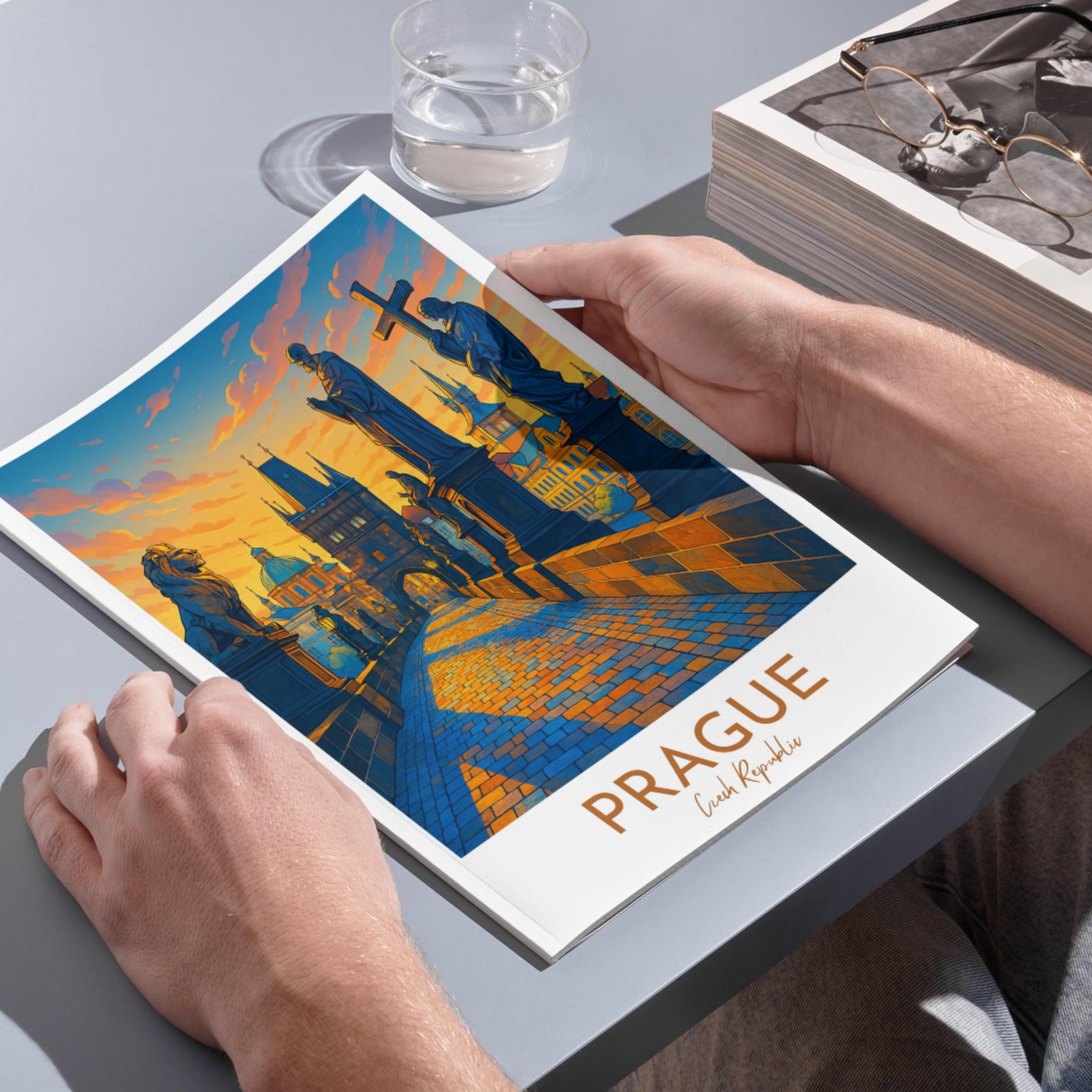 Affiche voyage - Prague, République Tchèque, Tchéquie, Pont Charles - art moderne, impression, poster