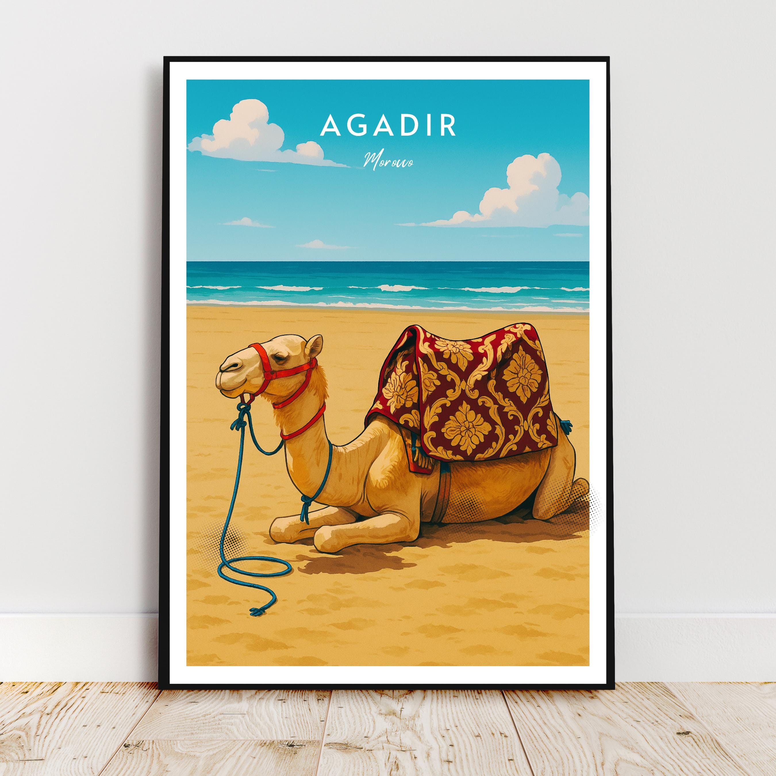 Affiche voyage - Agadir, Maroc, Maghreb, Dromadaire - art moderne, impression, poster