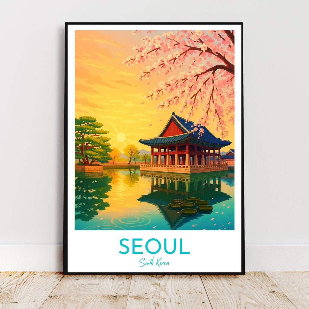 Affiche voyage - Séoul, Corée du Sud, Asie, Pavillon Gyeonghoeru - art moderne, impression, poster