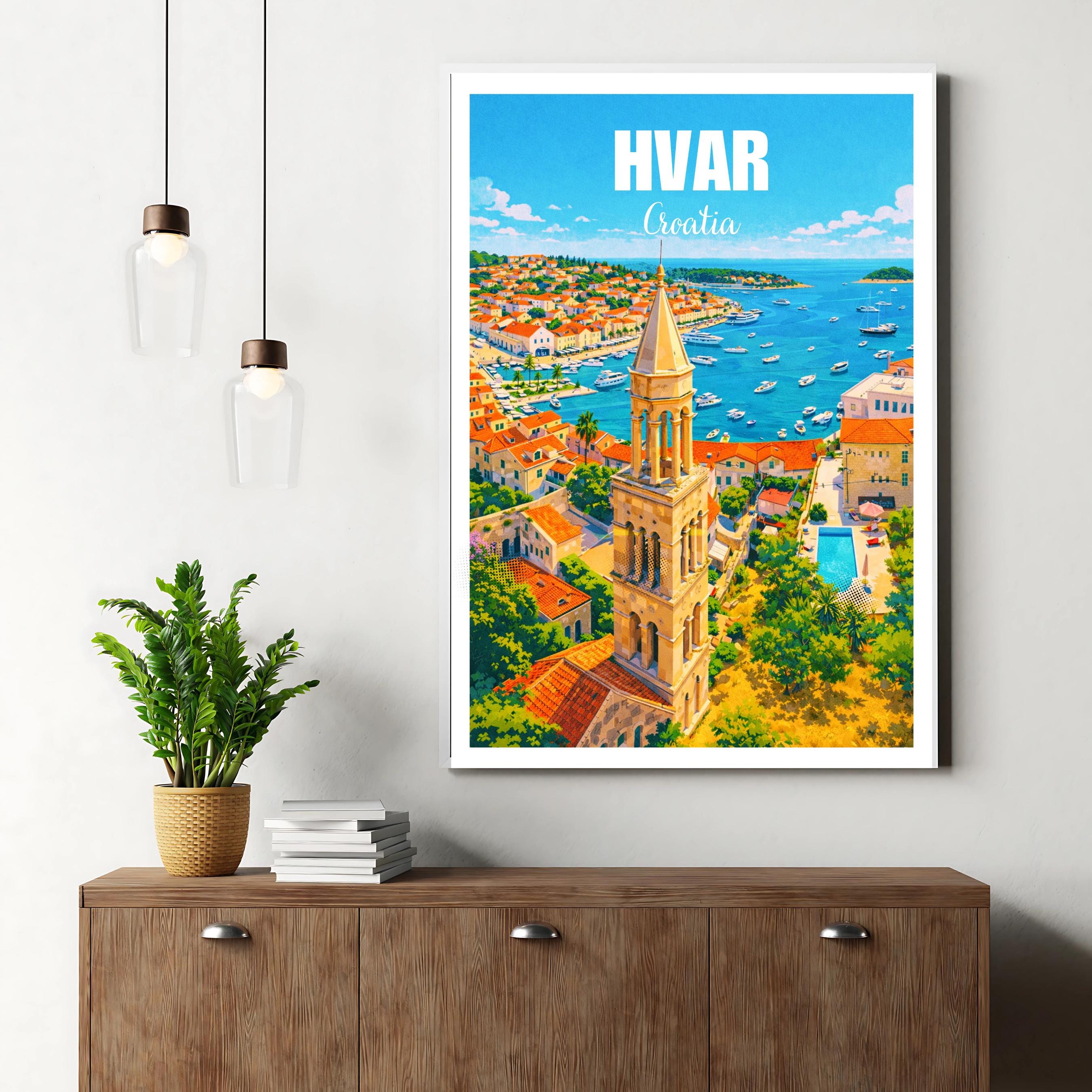 Affiche voyage - Hvar, Dalmatie, Croatie, Adriatique - art moderne, impression, poster