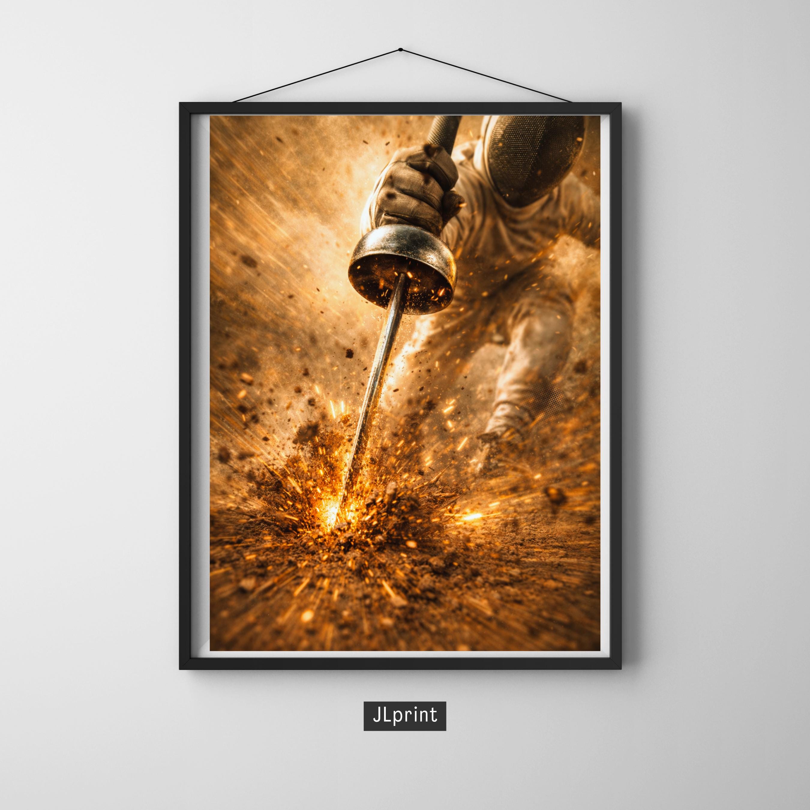 Affiche sport -  Escrime, Epée, Escrimeur, Excalibur - art moderne, impression, poster