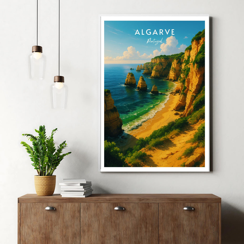 Affiche voyage - Algarve, Portugal, Ocean Atlantique, Falaises - art moderne, impression, poster