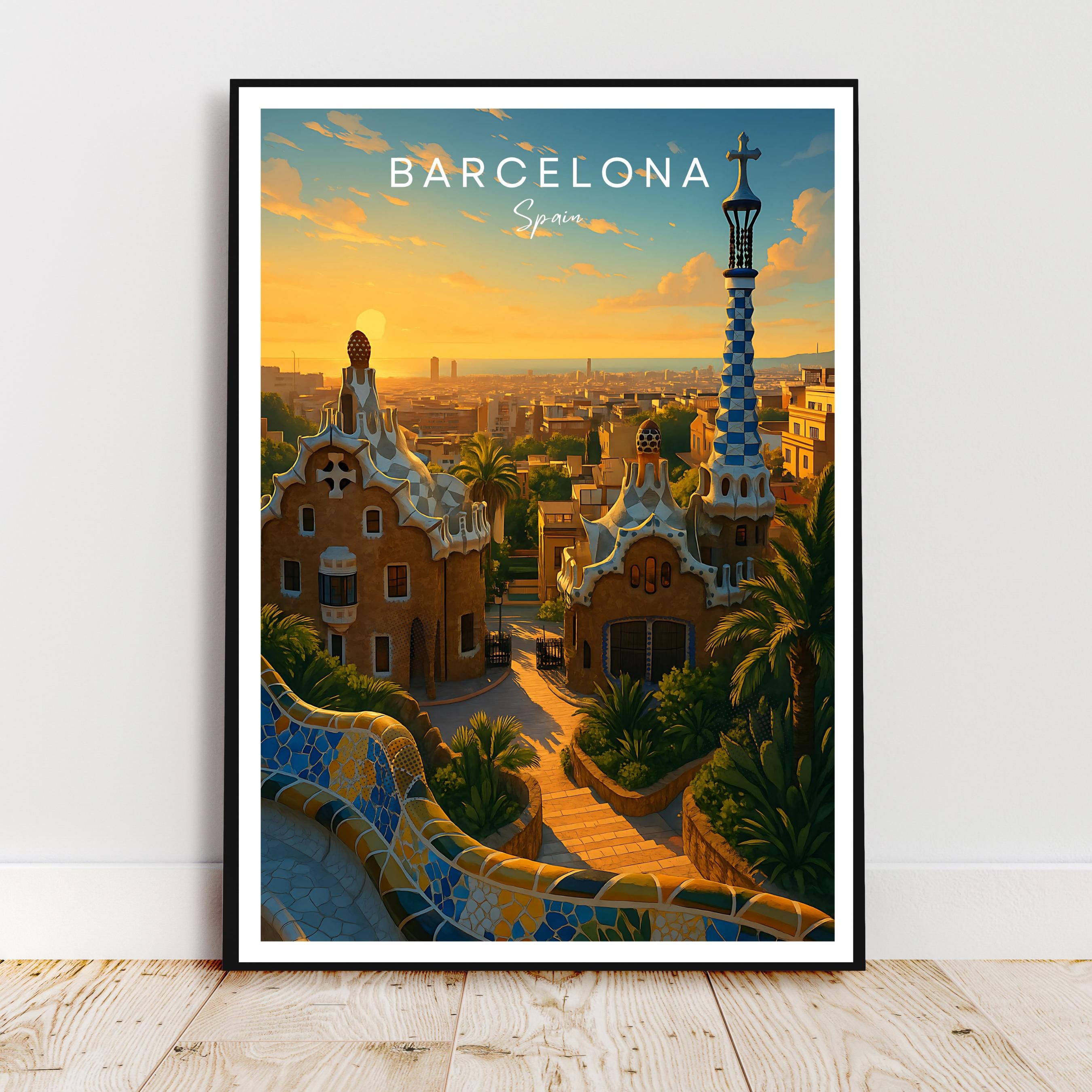 Affiche voyage - Barcelone, Catalogne, Espagne, Parc Güell - art moderne, impression, poster