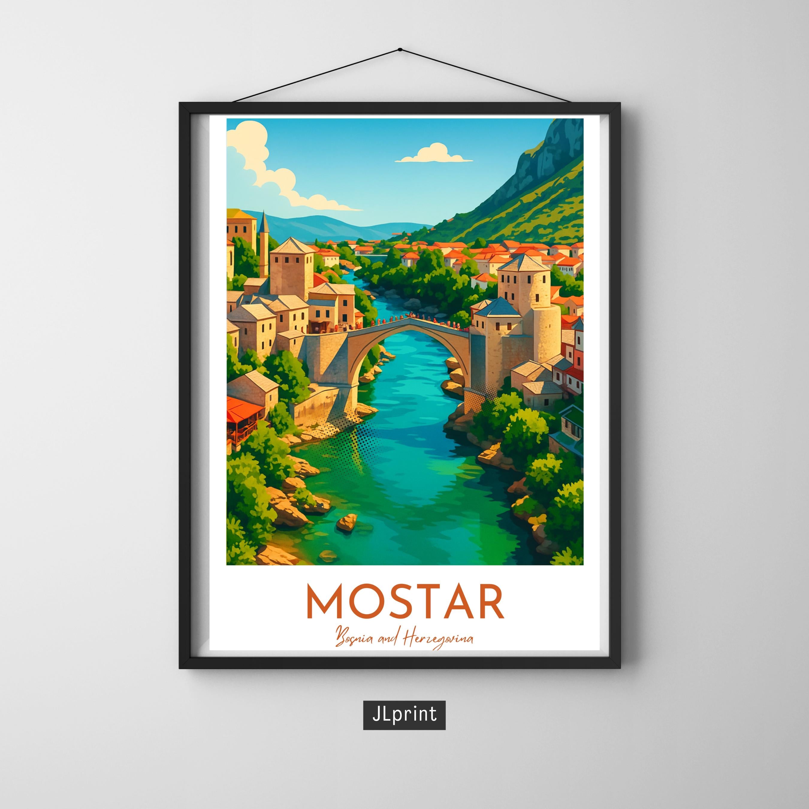 Affiche voyage - Mostar, Bosnie Herzégovine, Balkans, Vieux Pont - art moderne, impression, poster