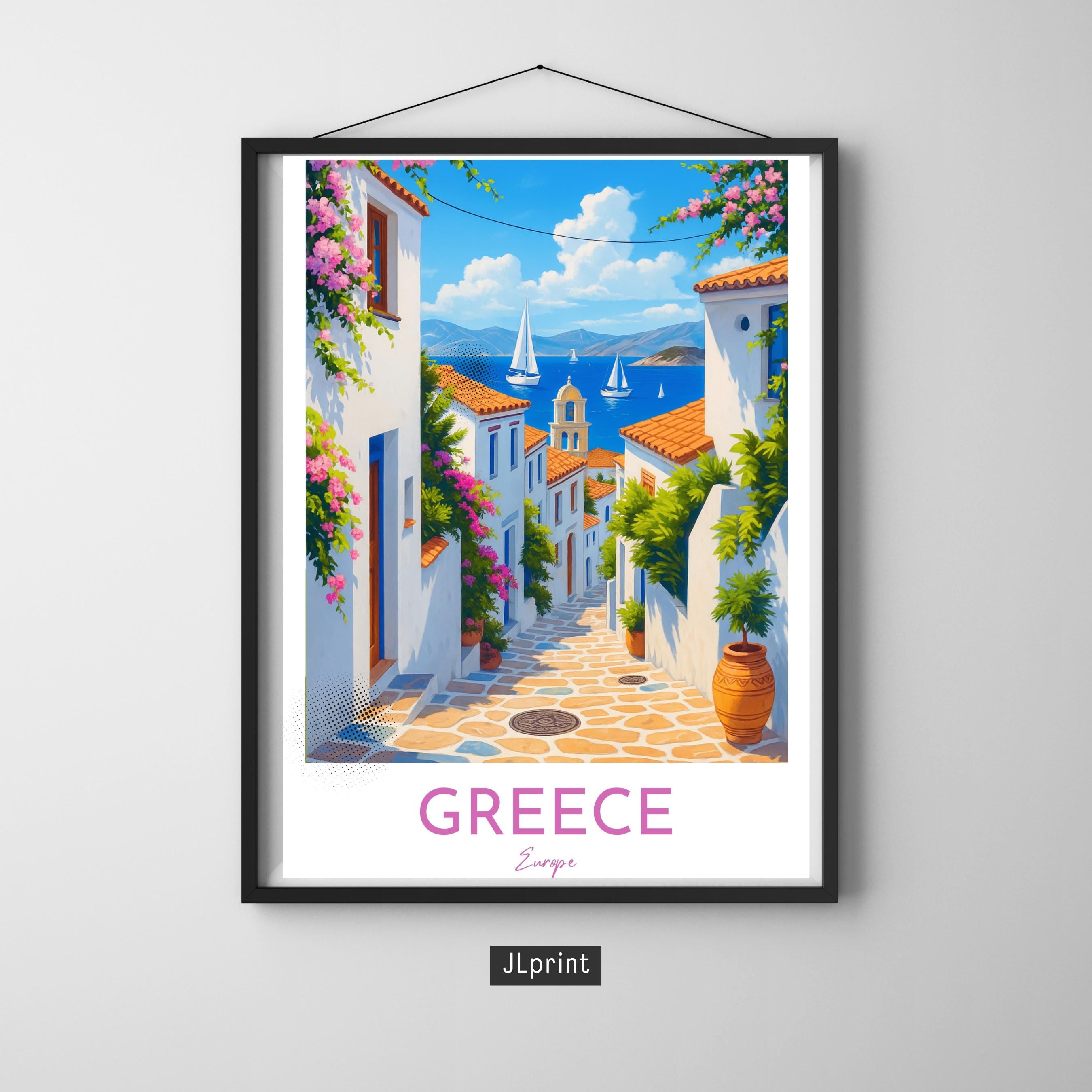 Affiche voyage - Grece, Europe, Méditerranée, Village - art moderne, impression, poster