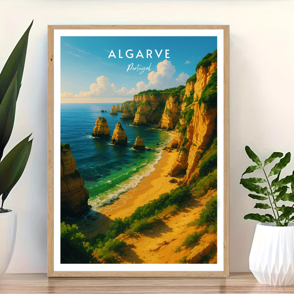 Affiche voyage - Algarve, Portugal, Ocean Atlantique, Falaises - art moderne, impression, poster