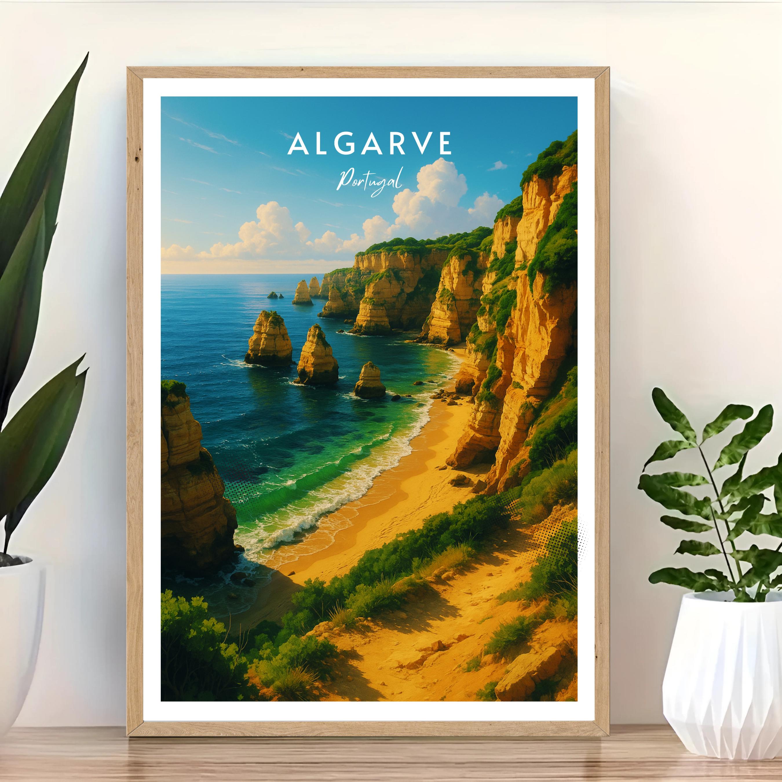 Affiche voyage - Algarve, Portugal, Ocean Atlantique, Falaises - art moderne, impression, poster