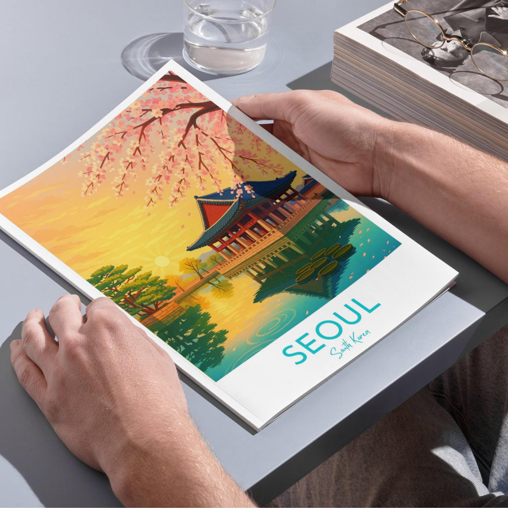 Affiche voyage - Séoul, Corée du Sud, Asie, Pavillon Gyeonghoeru - art moderne, impression, poster