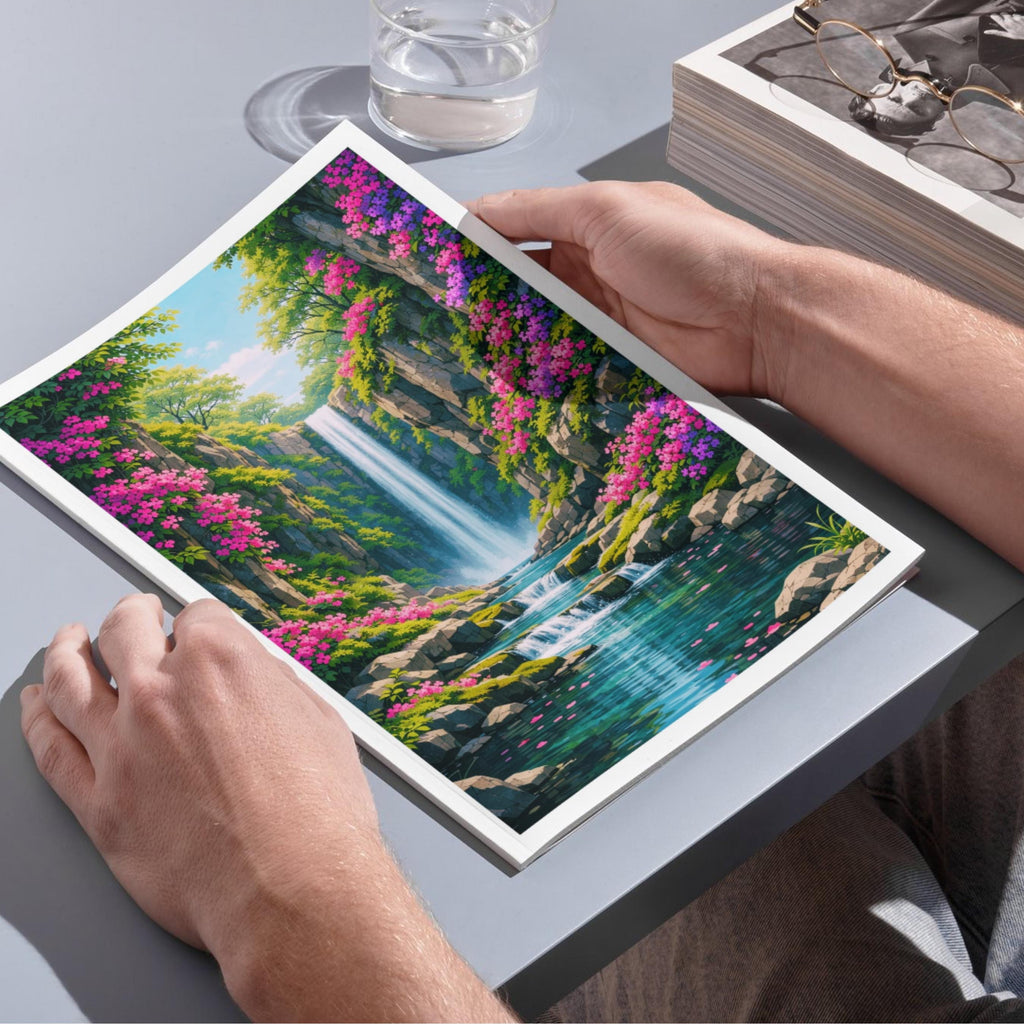 Affiche nature - Cascade, Paysage, Fleurs, Evasion - art moderne, impression, poster