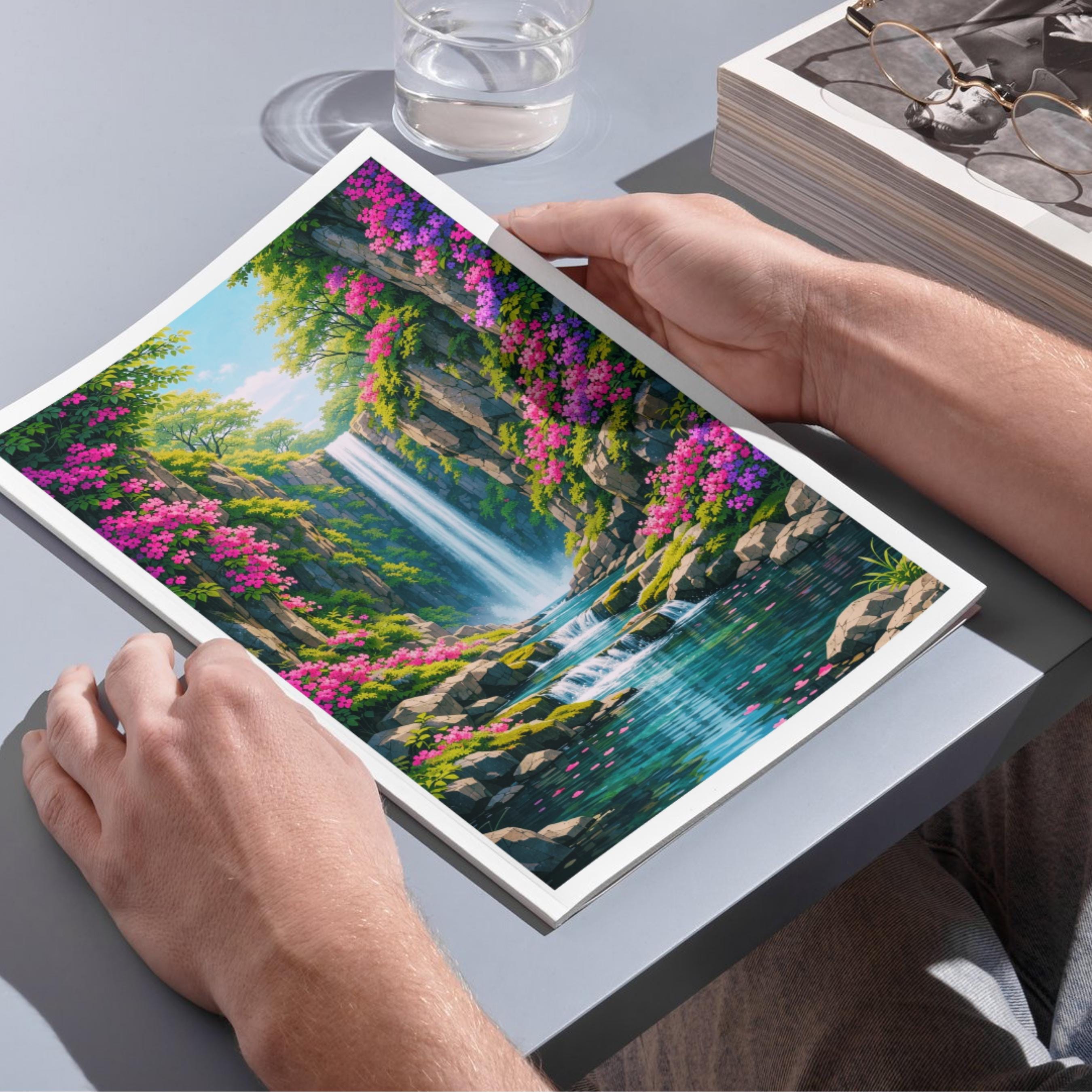 Affiche nature - Cascade, Paysage, Fleurs, Evasion - art moderne, impression, poster
