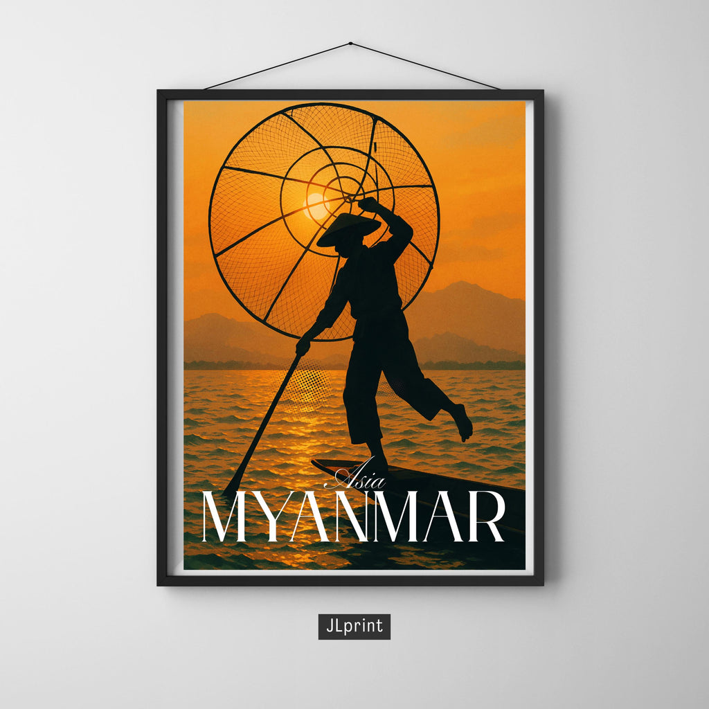 Affiche voyage - Myanmar, Birmanie, Asie, Pêcheur - art moderne, impression, poster
