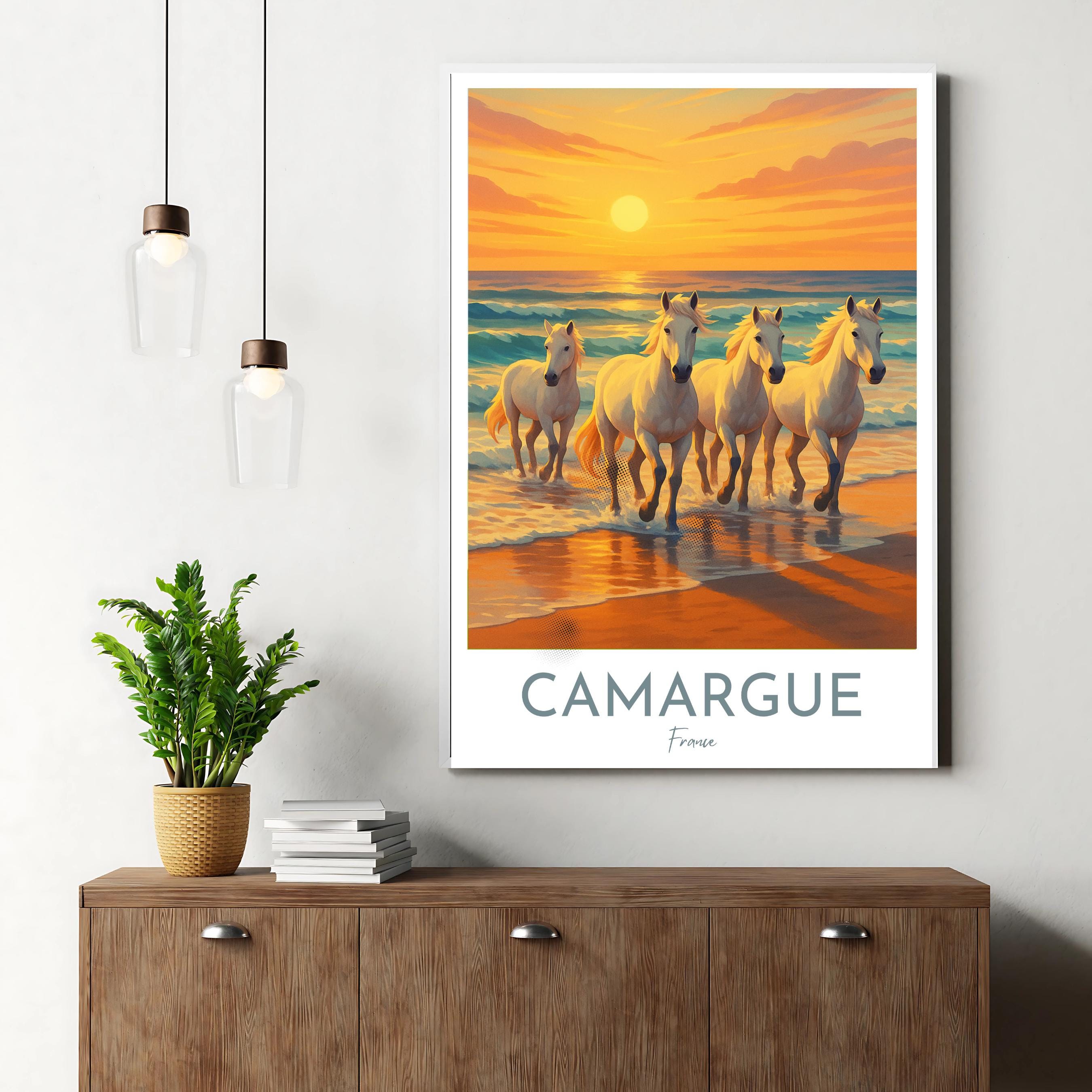 Affiche voyage - Camargue, France, Chevaux, Parc Naturel - art moderne, impression, poster