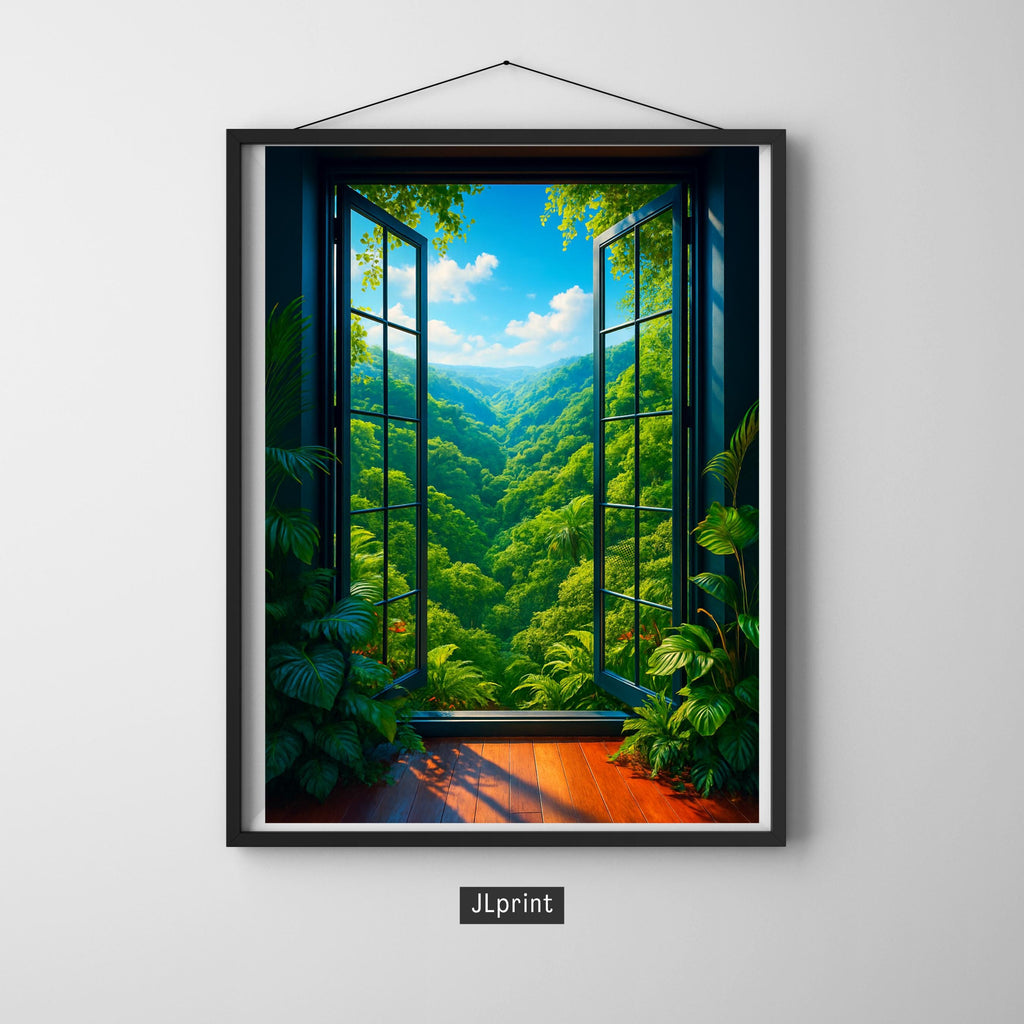 Affiche nature -  Fenêtre, Paysage, Jungle, Plantes - art moderne, impression, poster