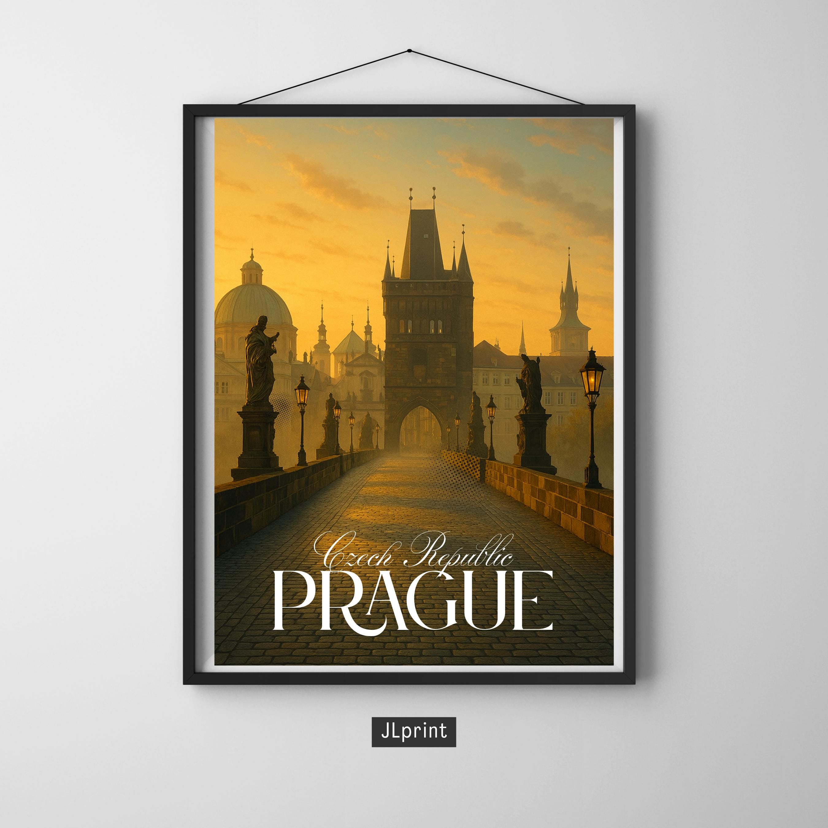 Affiche voyage - Prague, République Tchèque, Tchéquie, Pont Charles - art moderne, impression, poster