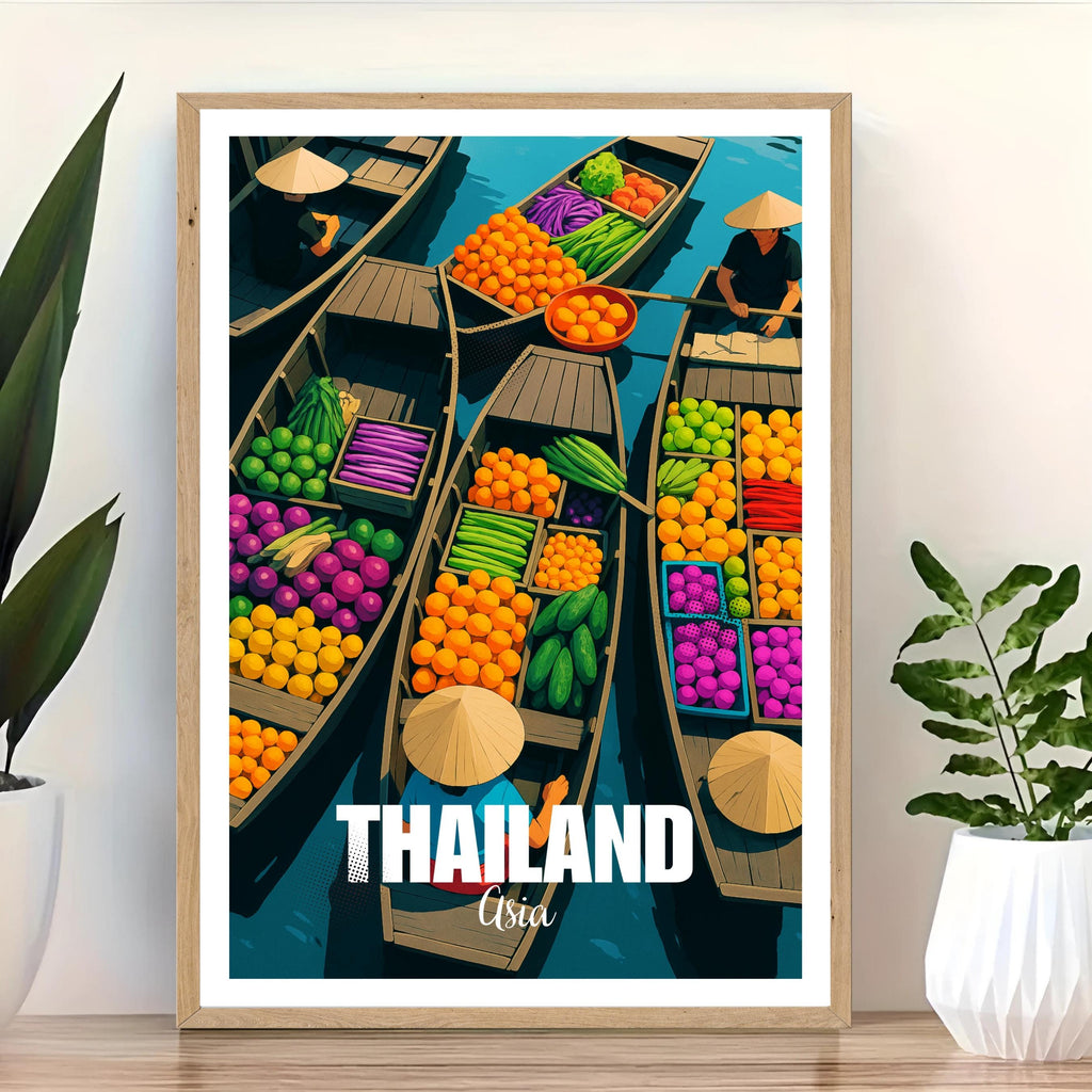 Affiche voyage - Thaïlande, Asie, Marché Flottant, Pirogues - art moderne, impression, poster