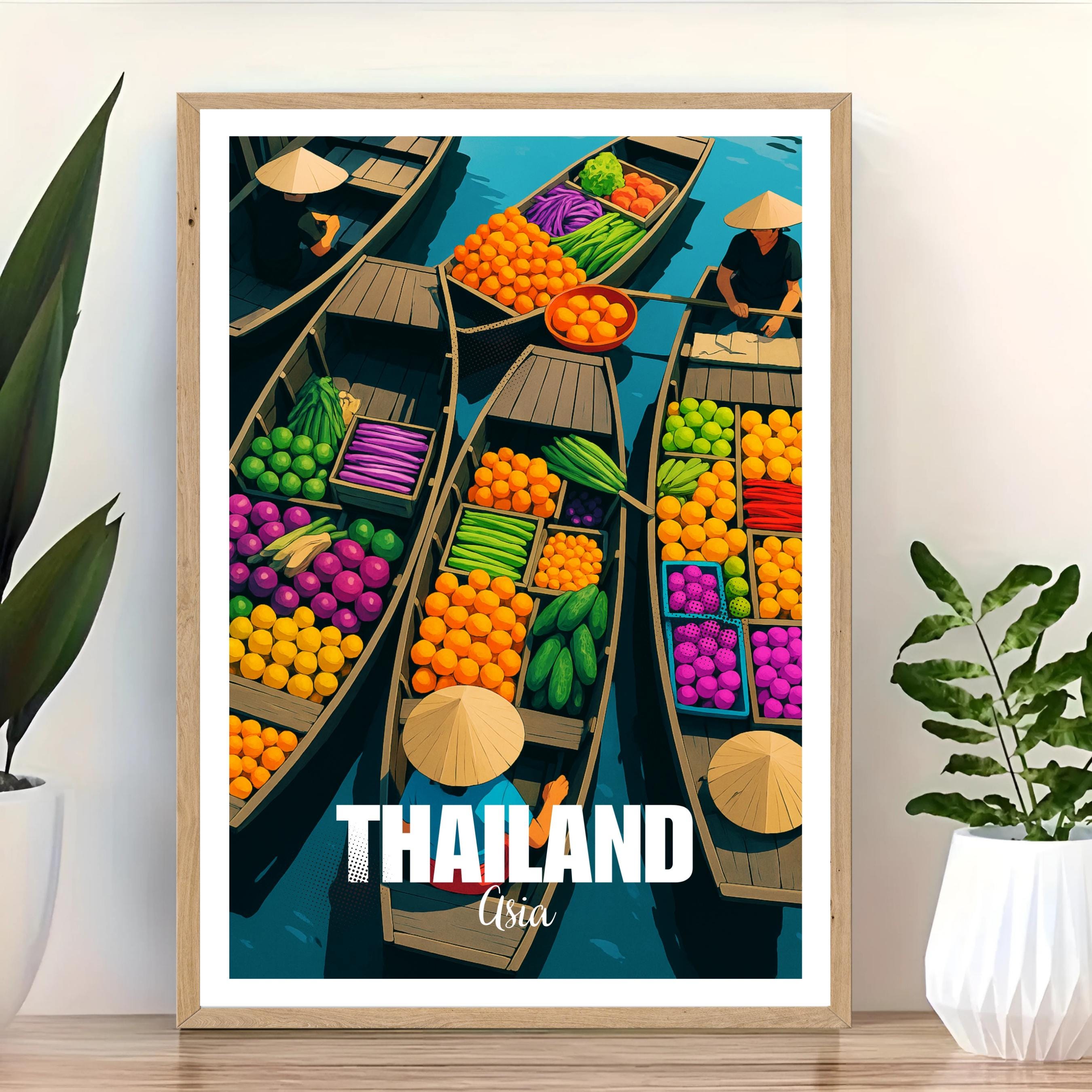 Affiche voyage - Thaïlande, Asie, Marché Flottant, Pirogues - art moderne, impression, poster