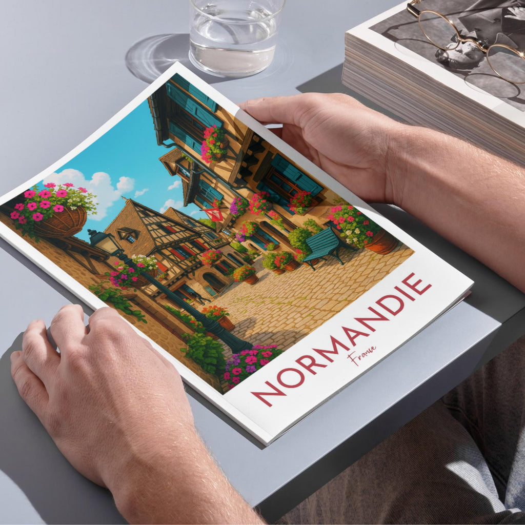 Affiche voyage - Normandie, France, Village, Fleurs - moderne, impression, poster