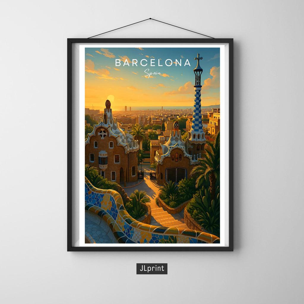 Affiche voyage - Barcelone, Catalogne, Espagne, Parc Güell - art moderne, impression, poster