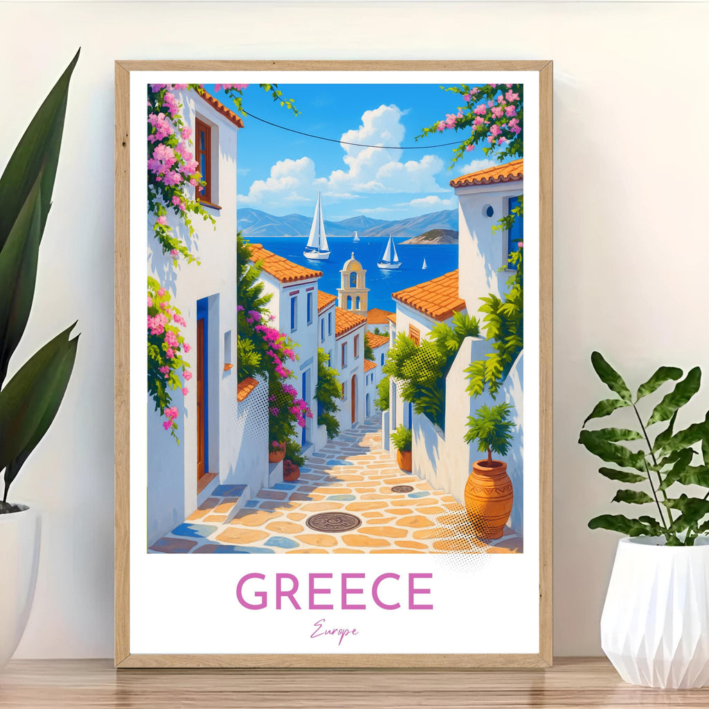 Affiche voyage - Grece, Europe, Méditerranée, Village - art moderne, impression, poster