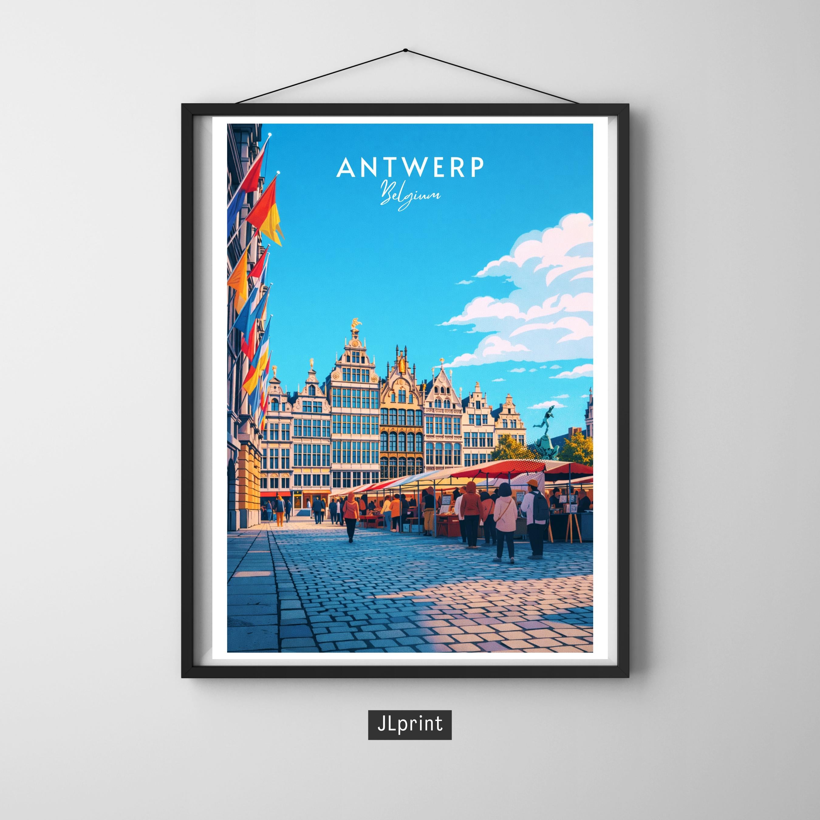Affiche voyage - Anvers, Flandre, Belgique, Grande Place - art moderne, impression, poster