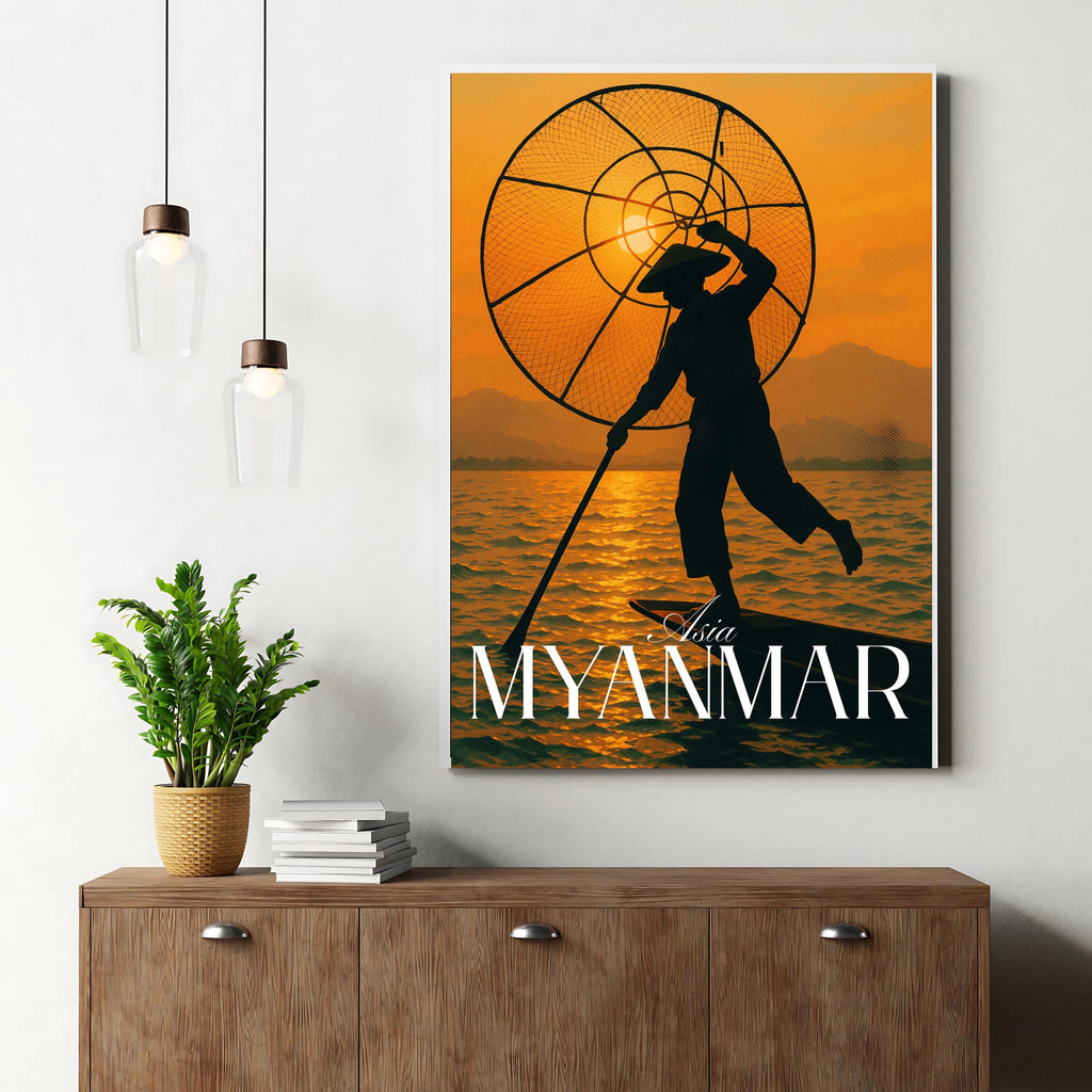 Affiche voyage - Myanmar, Birmanie, Asie, Pêcheur - art moderne, impression, poster