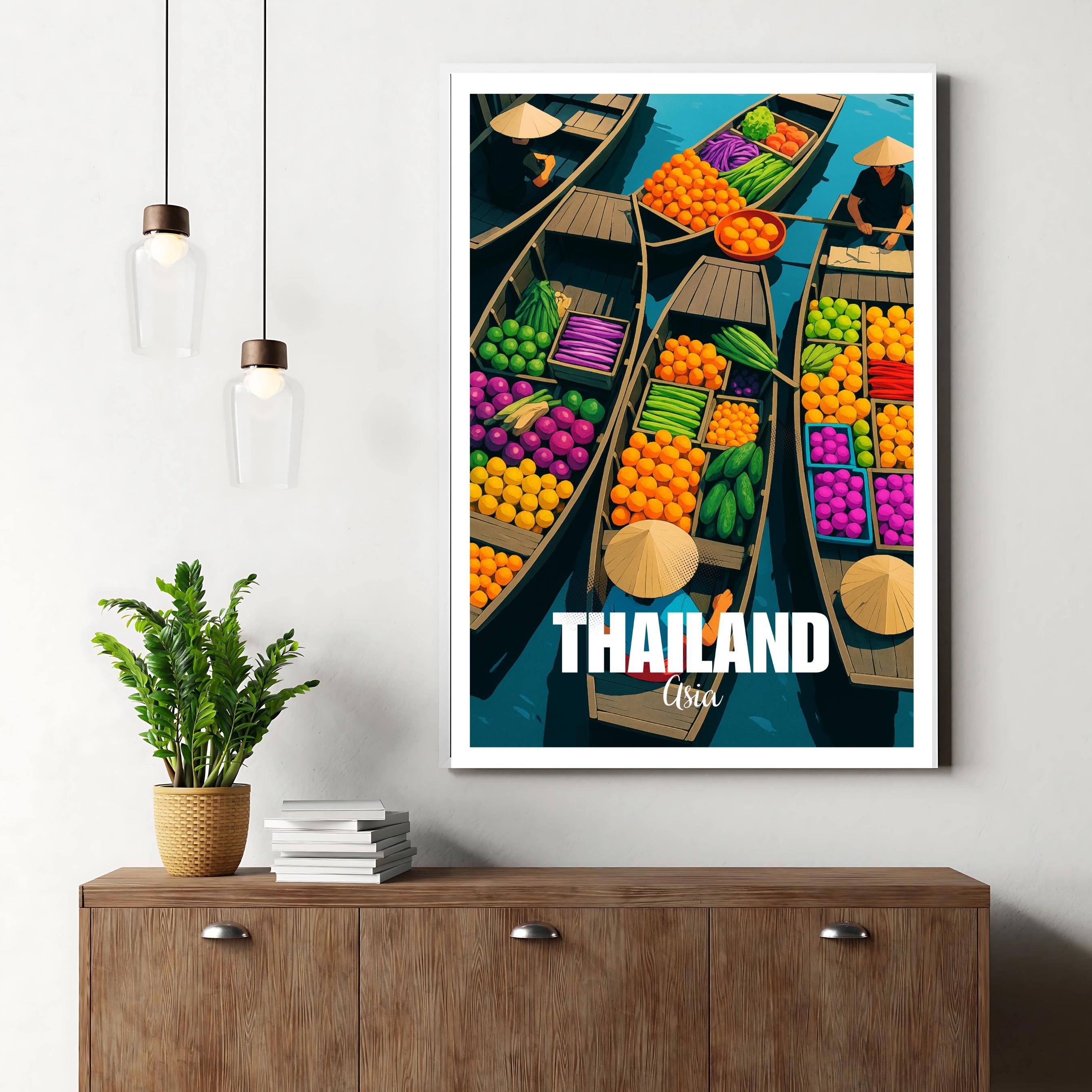 Affiche voyage - Thaïlande, Asie, Marché Flottant, Pirogues - art moderne, impression, poster