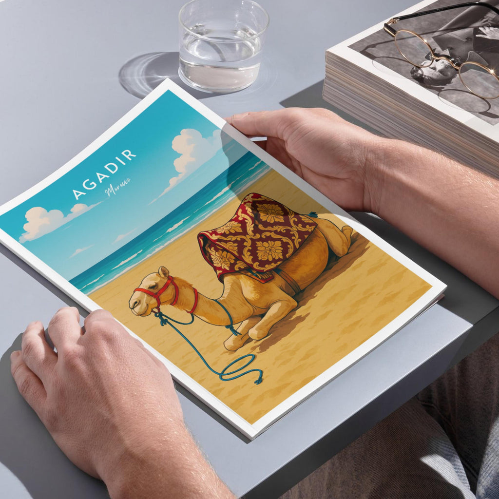 Affiche voyage - Agadir, Maroc, Maghreb, Dromadaire - art moderne, impression, poster