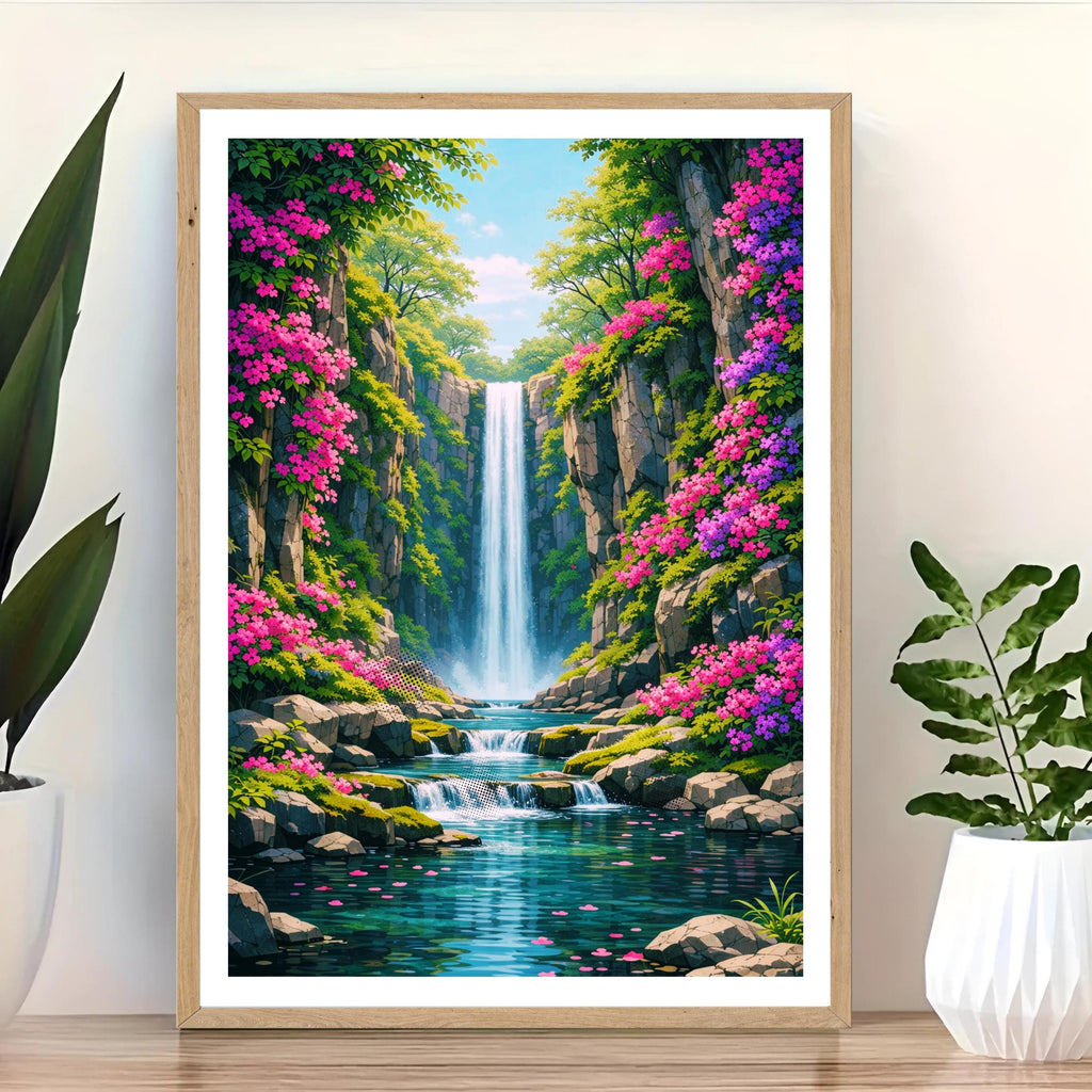 Affiche nature - Cascade, Paysage, Fleurs, Evasion - art moderne, impression, poster