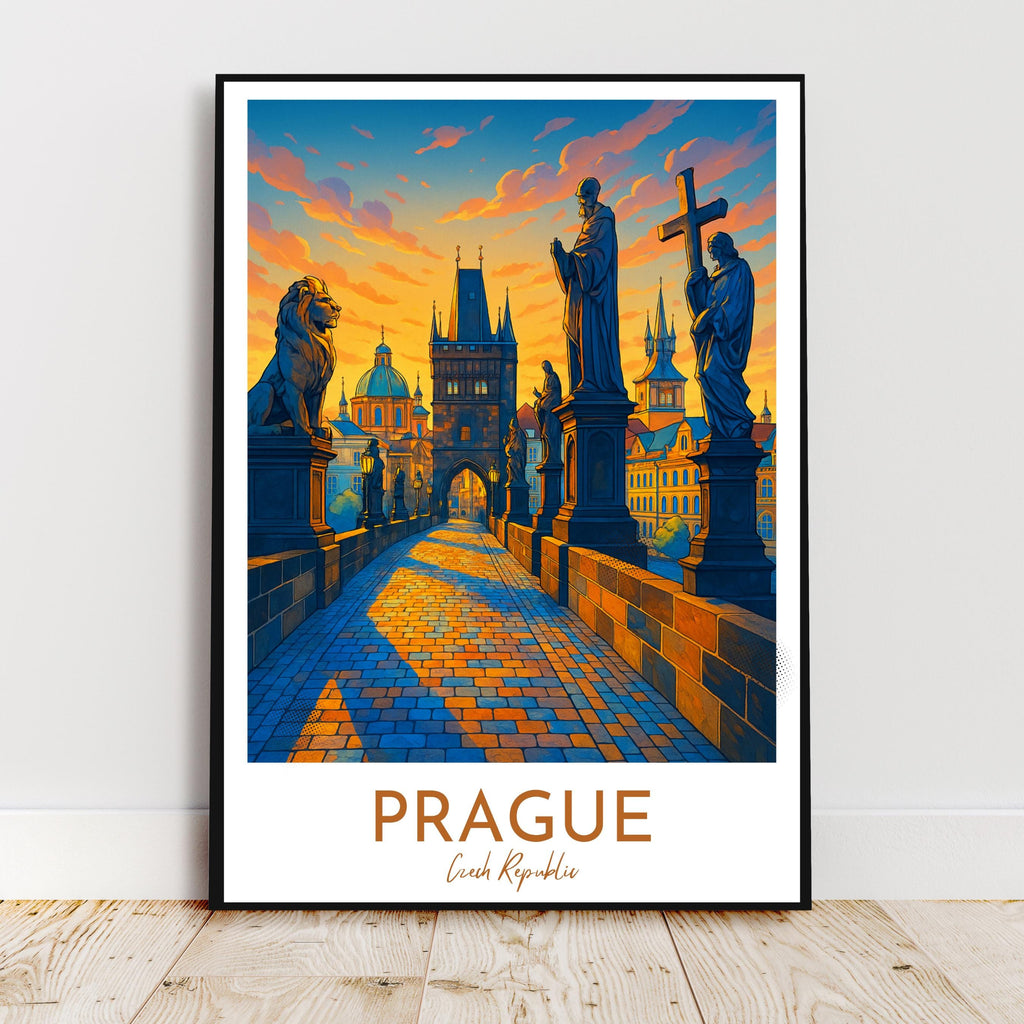 Affiche voyage - Prague, République Tchèque, Tchéquie, Pont Charles - art moderne, impression, poster