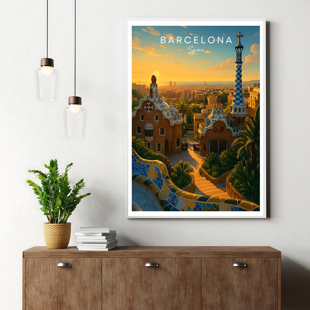 Affiche voyage - Barcelone, Catalogne, Espagne, Parc Güell - art moderne, impression, poster